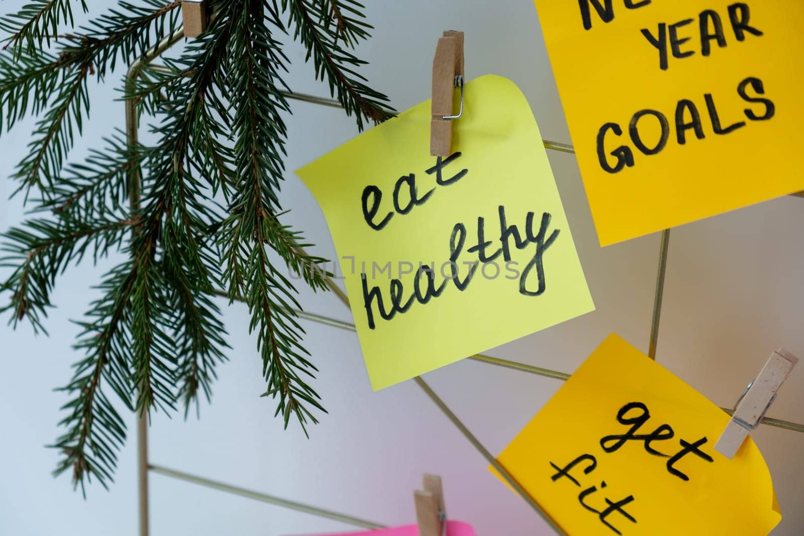 EAT HEALTHY goal on Dream board promises and aims. Preparation for new year new life new me. Visualizing wish list for 2025. Dreams plan action resolutions for coming year. Inspirational self improvement concept