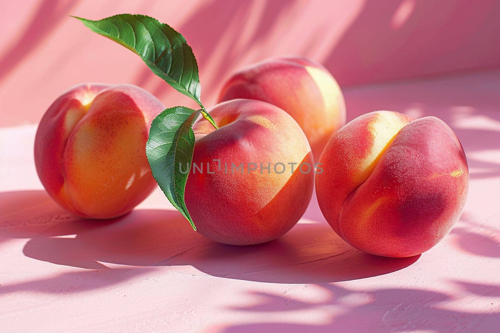 Appetizing ripe peaches in drops of water on a pink background with sunlight.