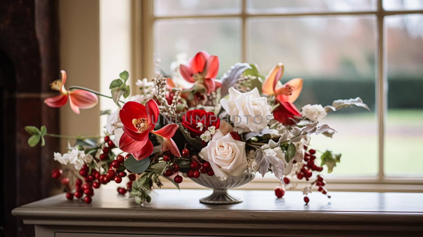 Beautiful floral arrangement with winter, autumn or early spring botanical plants and flowers