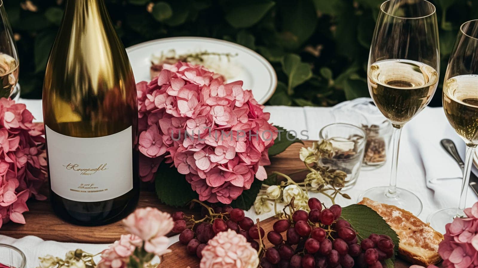 Wedding or formal dinner holiday celebration tablescape with hydrangea flowers in the English countryside garden, table setting and wine, floral table decor for family dinner party, home styling inspiration