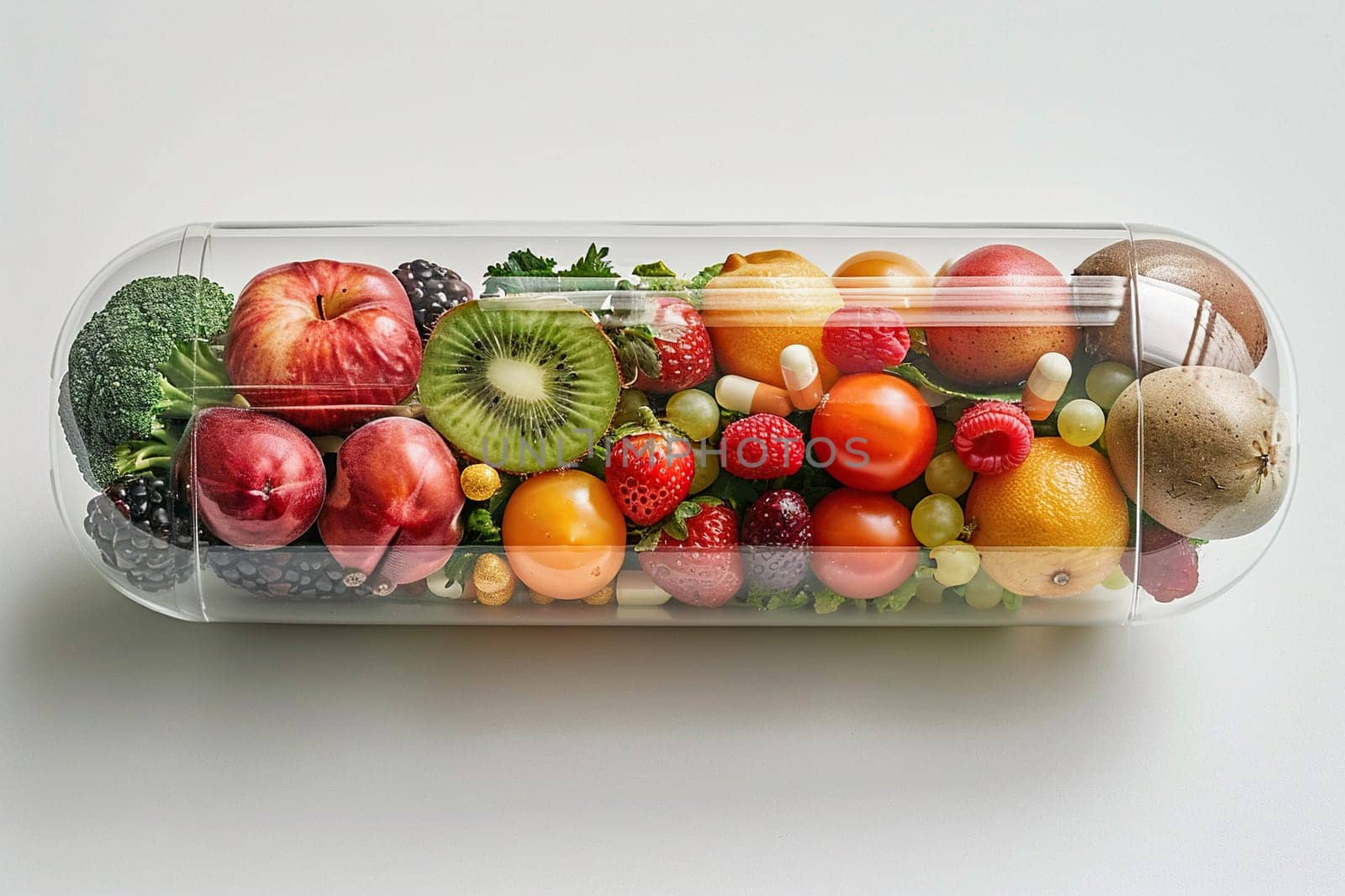 Health capsule. Transparent capsule with fruits and vegetables inside. Dietary supplements concept.