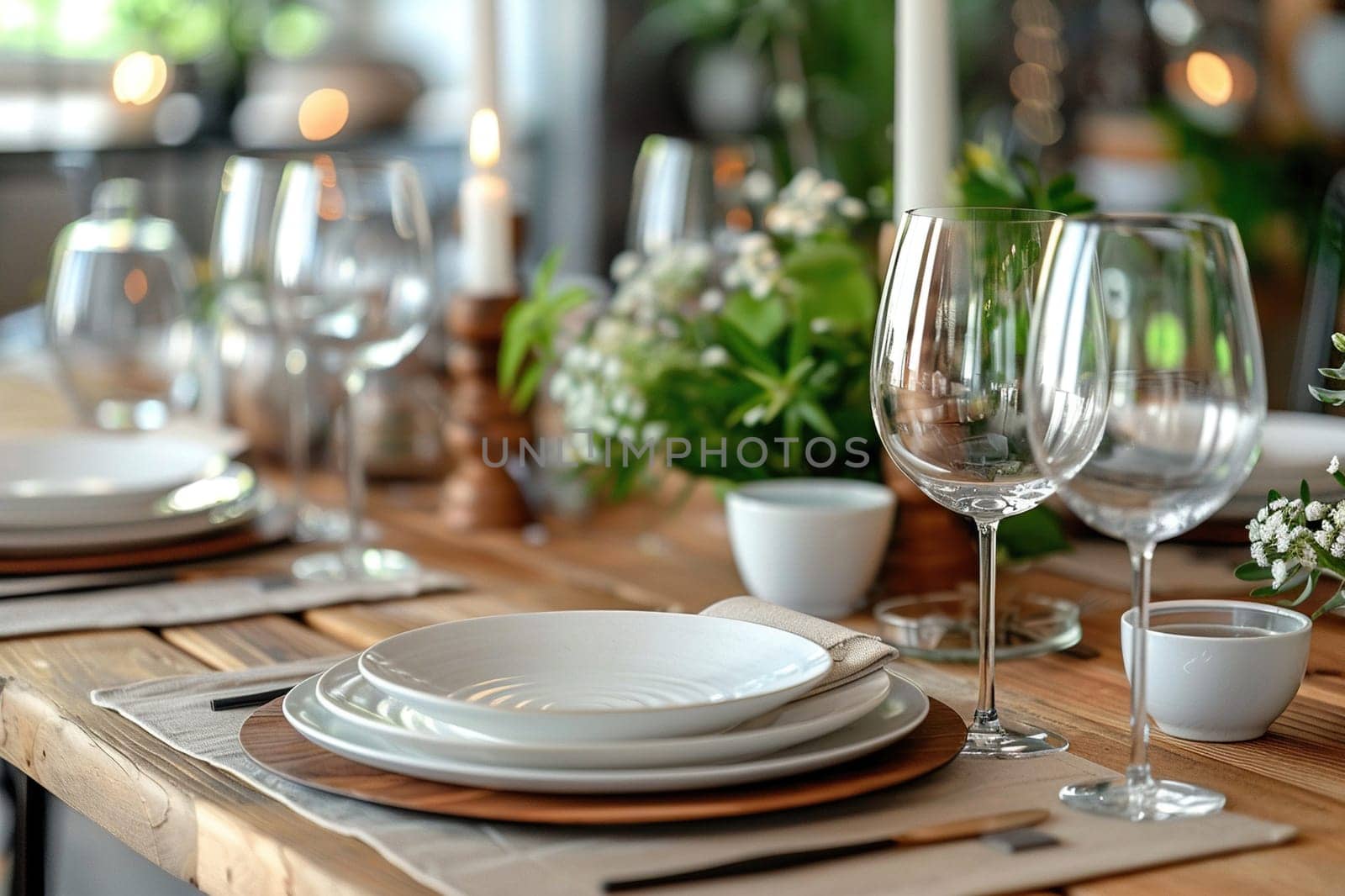 Modern wooden table setting in minimalist Scandinavian style, catering for birthdays, weddings, celebrations.