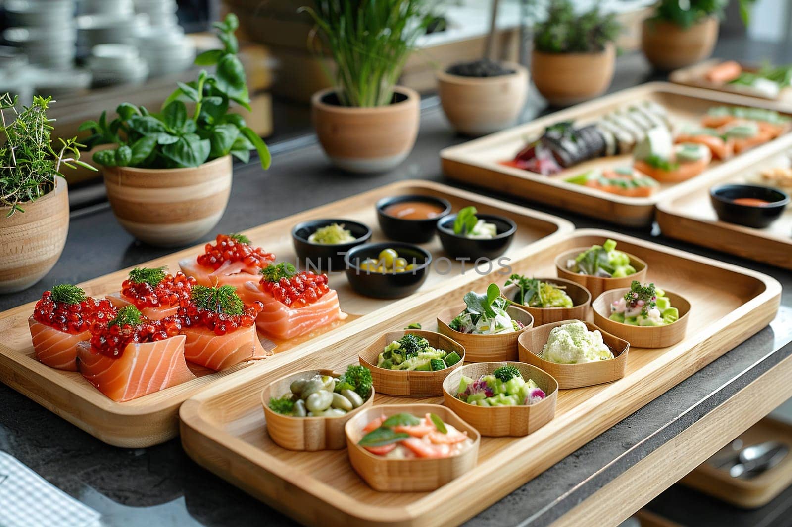 Modern catering. Light snacks on wooden trays, professional food serving for an event or holiday.