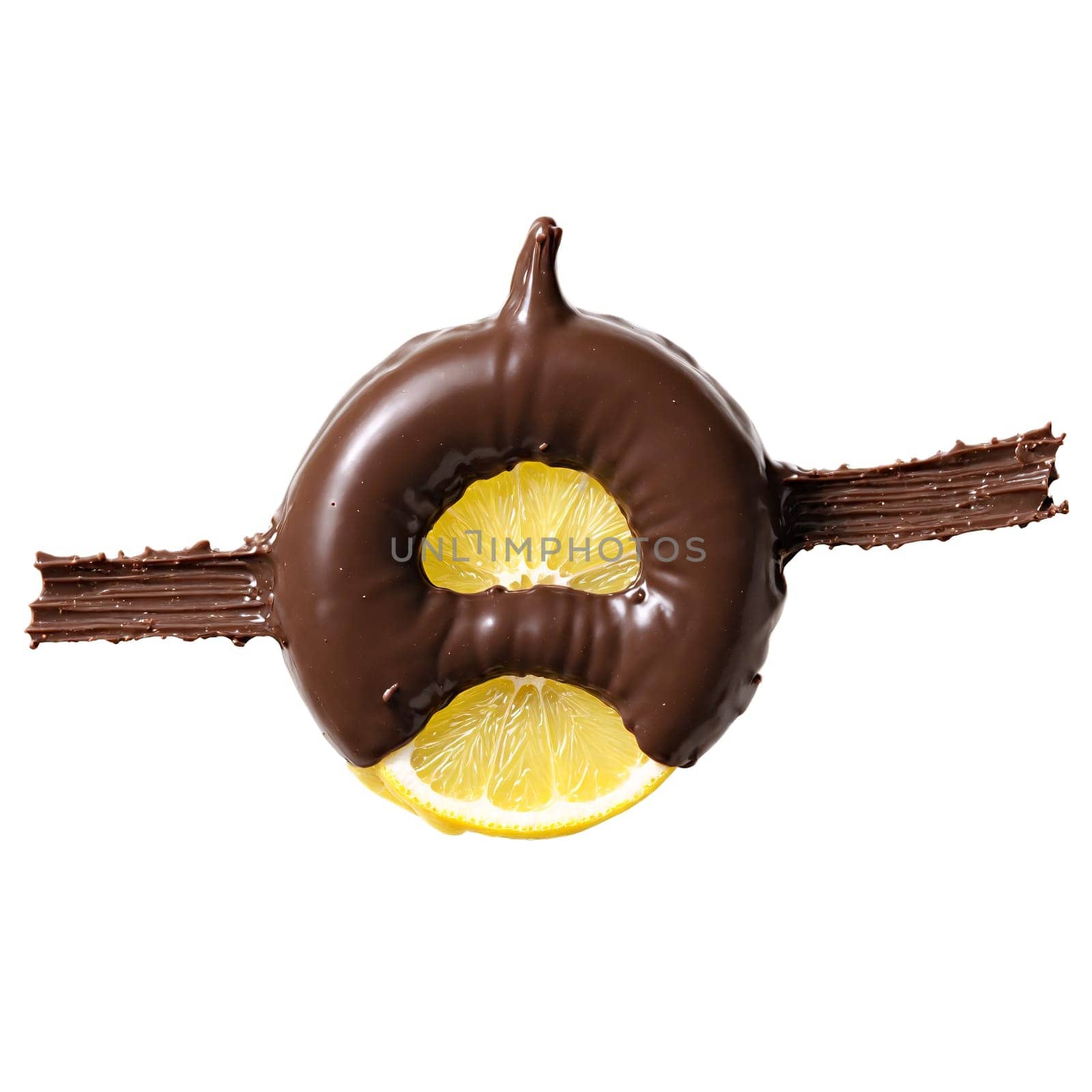 Chocolate covered candied lemon peel bright and zesty tumbling and spinning with a burst of. Food isolated on transparent background.