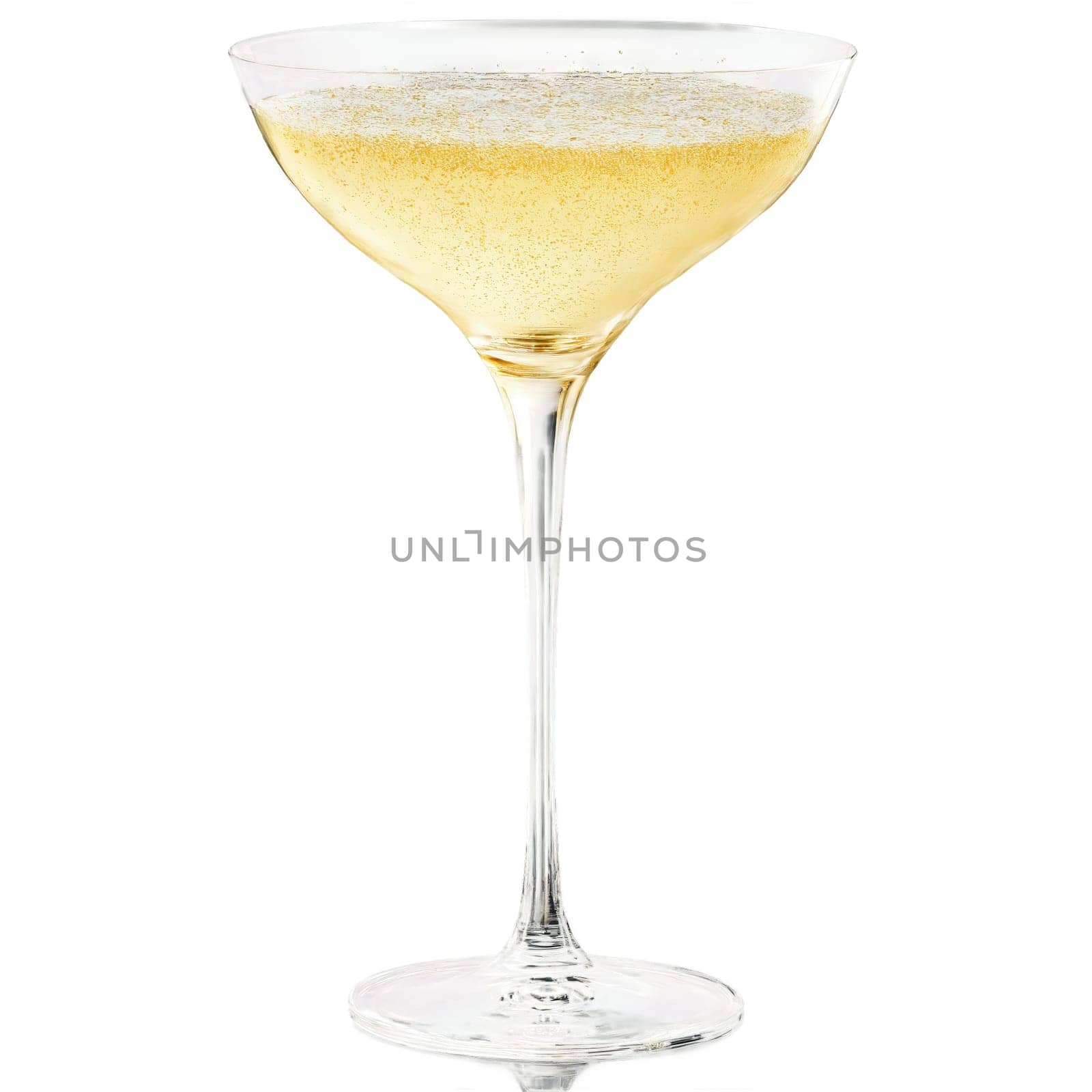 Stolzle Classic Champagne coupe shallow broad crystal bowl long stem effervescent golden liquid splashing motion. Close-up wine glass, isolated on transparent background