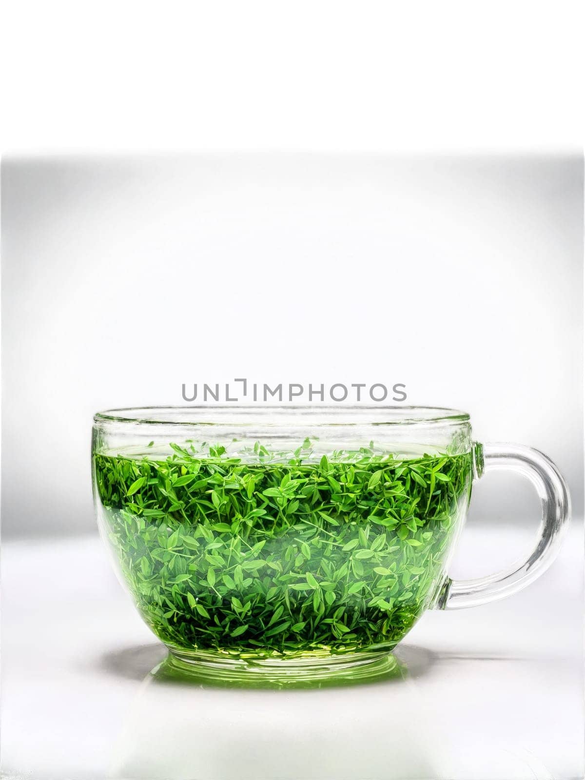 Alfalfa tea glass mug delicate leaves vibrant green chlorophyll mineralize. Drink isolated on transparent background.