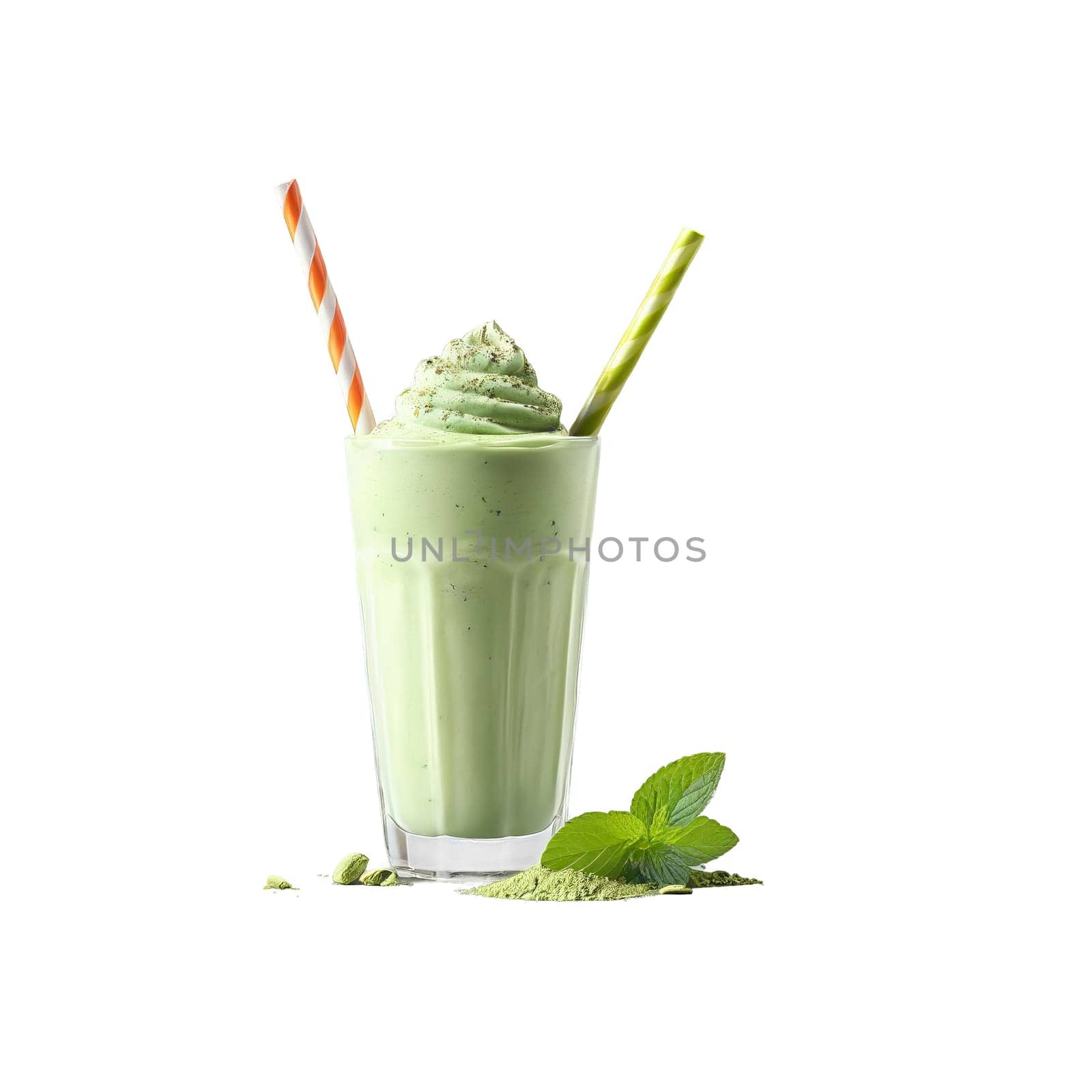 Matcha Mint Chip Milkshake matcha powder mint chips refreshing combo invigorating Summer drink concept Final. close-up milkshake drink, isolated on transparent background