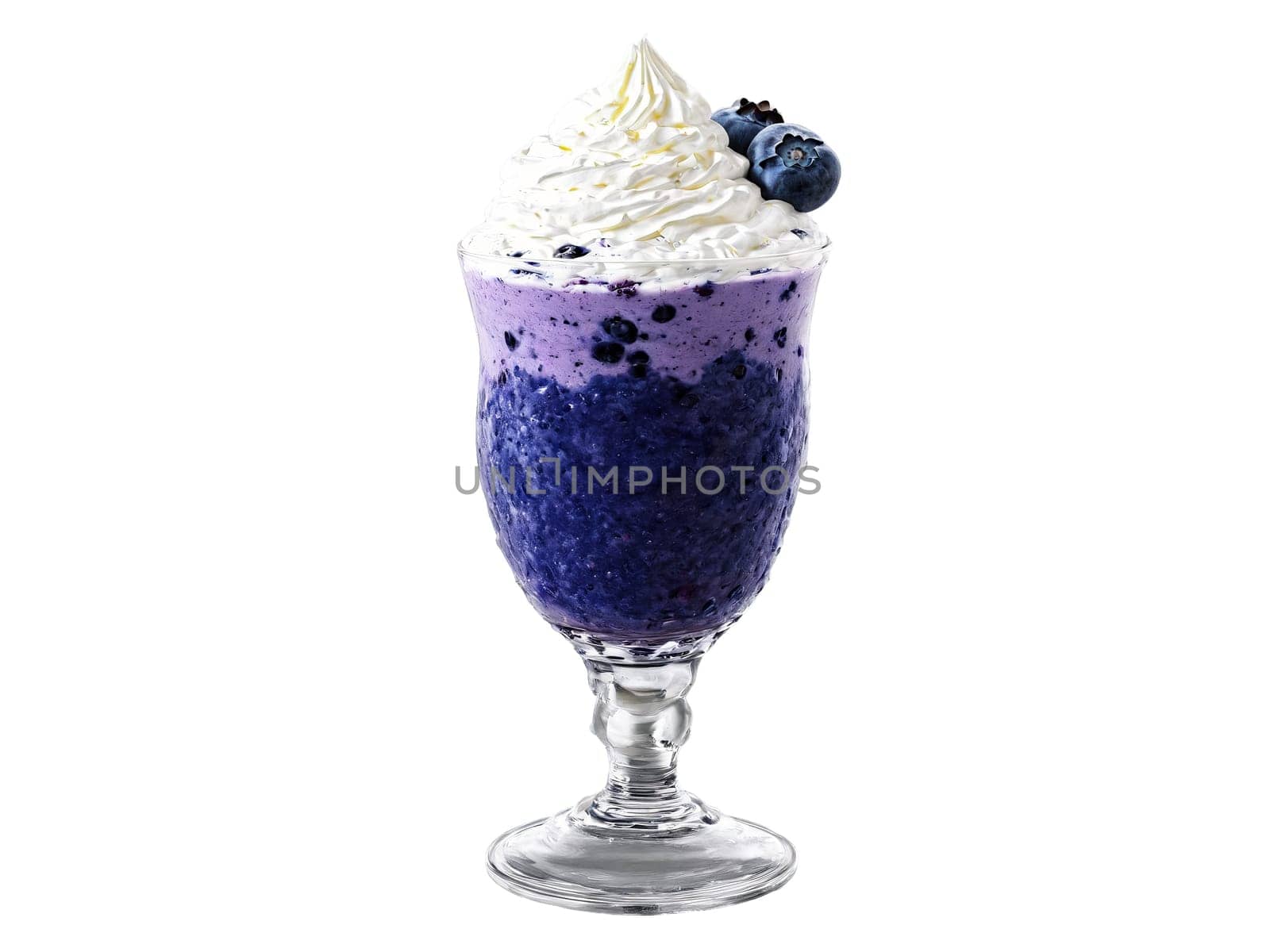 Blueberry Blast A refreshing blueberry smoothie in a crystal clear glass topped with frothy whipped. Drink isolated on transparent background.