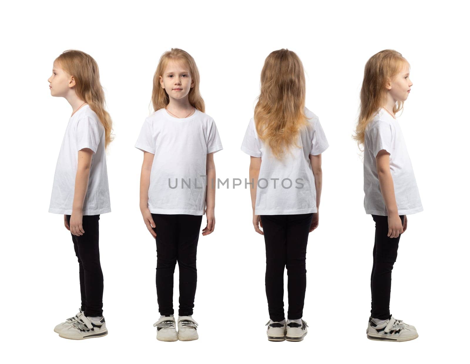 Set of snapshot emotion little girl model with long light hair posing isolated empty white background, four views. Child girl shooting in studio.