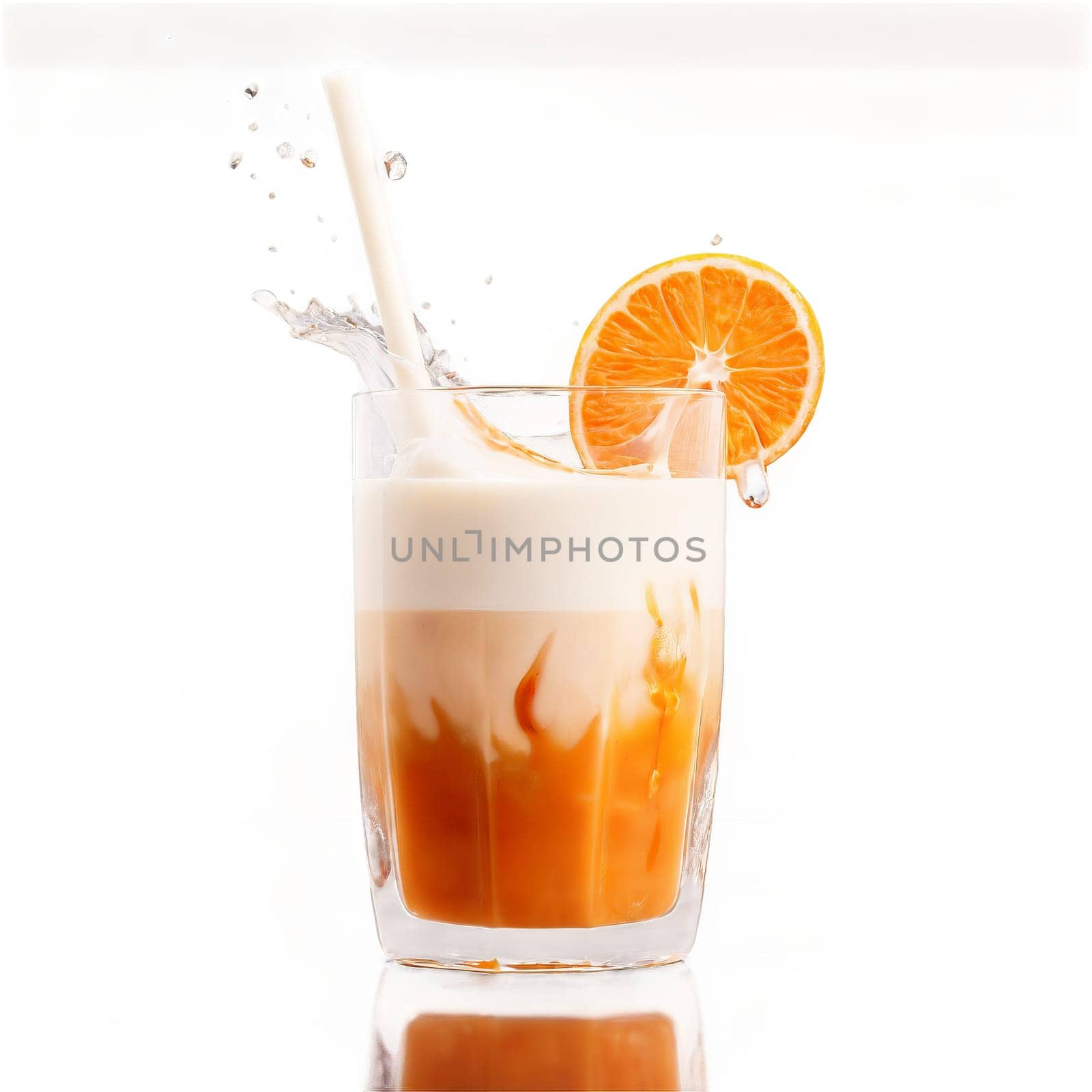 Thai iced tea with tea milk and ice cubes whirling in a glass with liquid. Food isolated on transparent background.