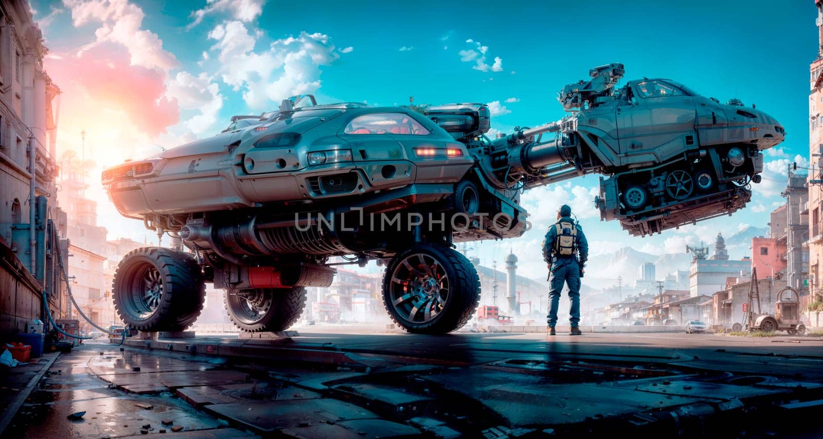 A man standing next to a giant vehicle in a city with a sky background and clouds in the background,hard surface,cyberpunk art,retrofuturism. Generative AI