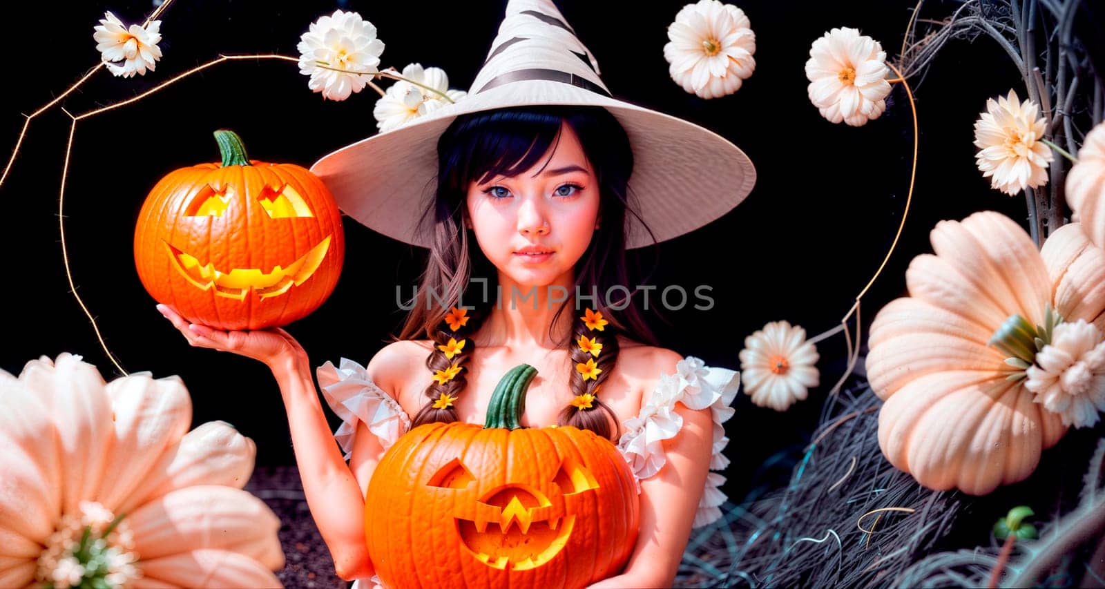 Halloween holiday. A woman in a witch costume and cap holds a pumpkin in front of her. with white flowers on the background, fantasy art. Generative AI