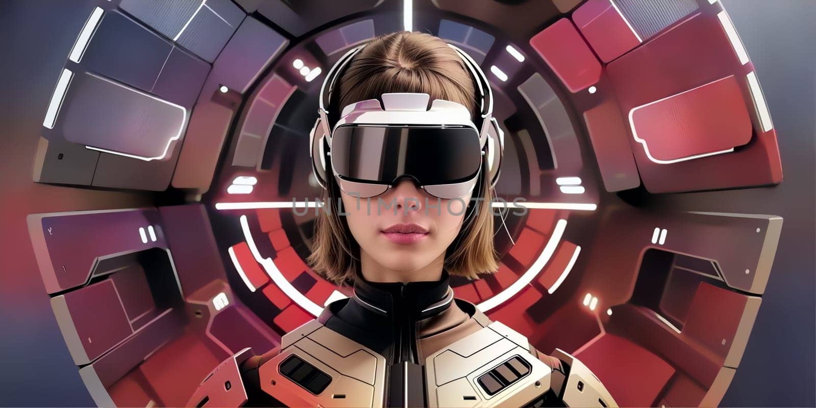 woman in a helmet and goggles on a futuristic background with red and purple squares, futuristic, cyberpunk art, retrofuturism. Generative AI