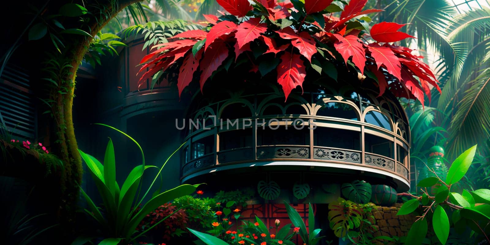 a red flower grows on a balcony in a tropical setting, surrounded by palm trees and other foliage, detailed painting, photorealism. Generative AI