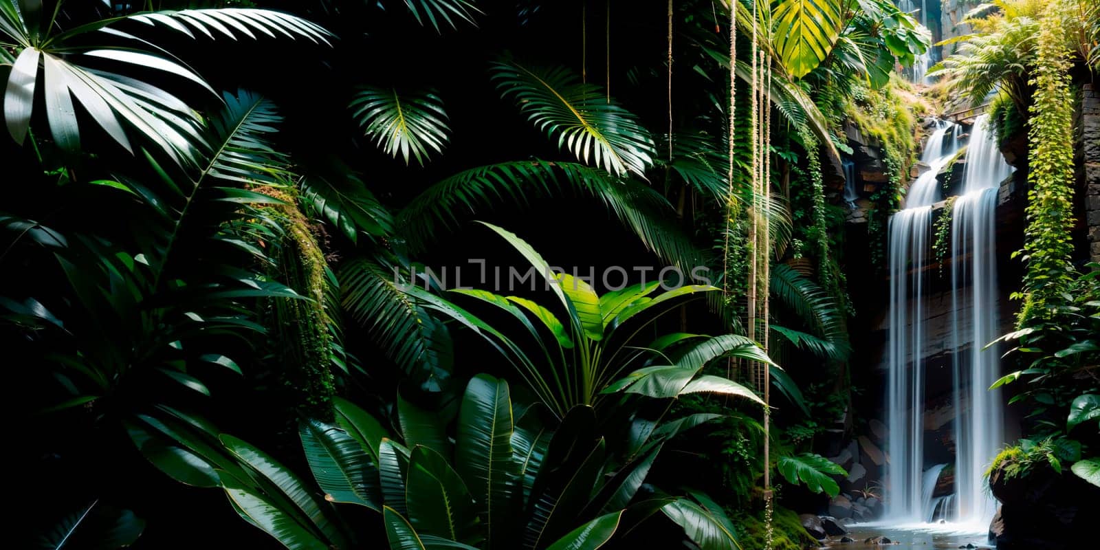 a waterfall surrounded by lush greenery and hanging plants in the background, a waterfall with a waterfall in the middle, jungle, still life, naturalism. Generative AI