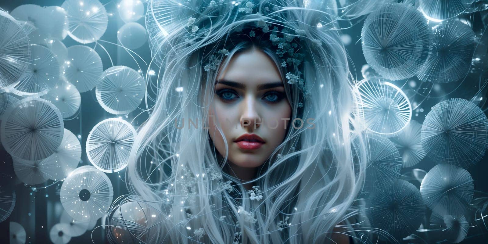 a woman with white hair and blue eyes is surrounded by white flowers and butterflies in the background is a dark background,fantasy art. Generative AI