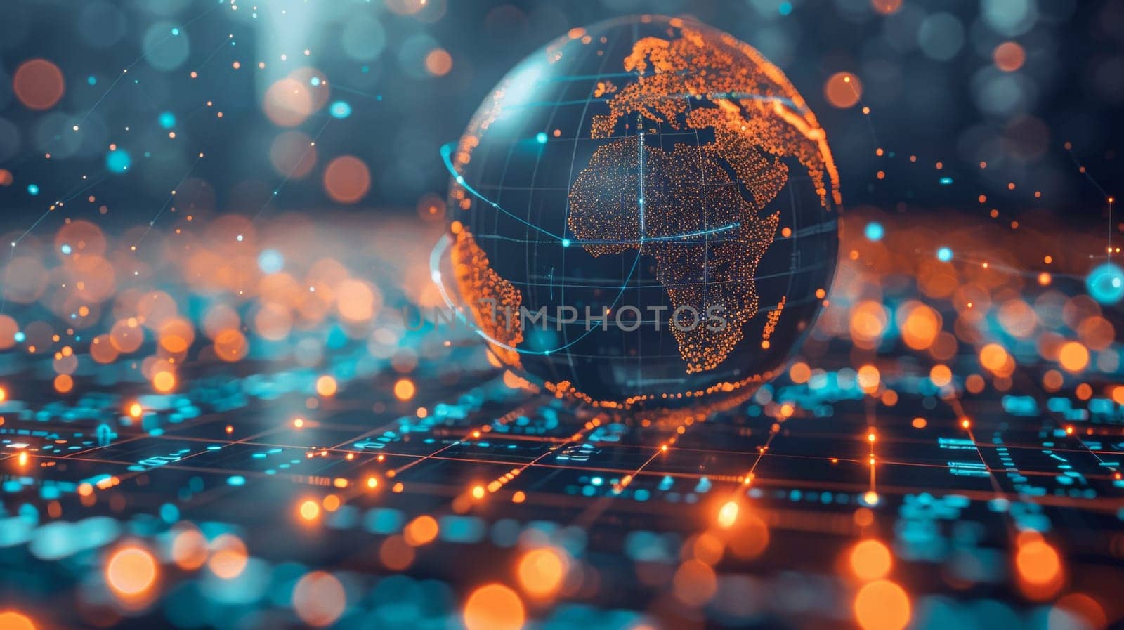 3d illustration of a virtual world map sphere over blue and golden glowing dots . Global business and inter communications concept.