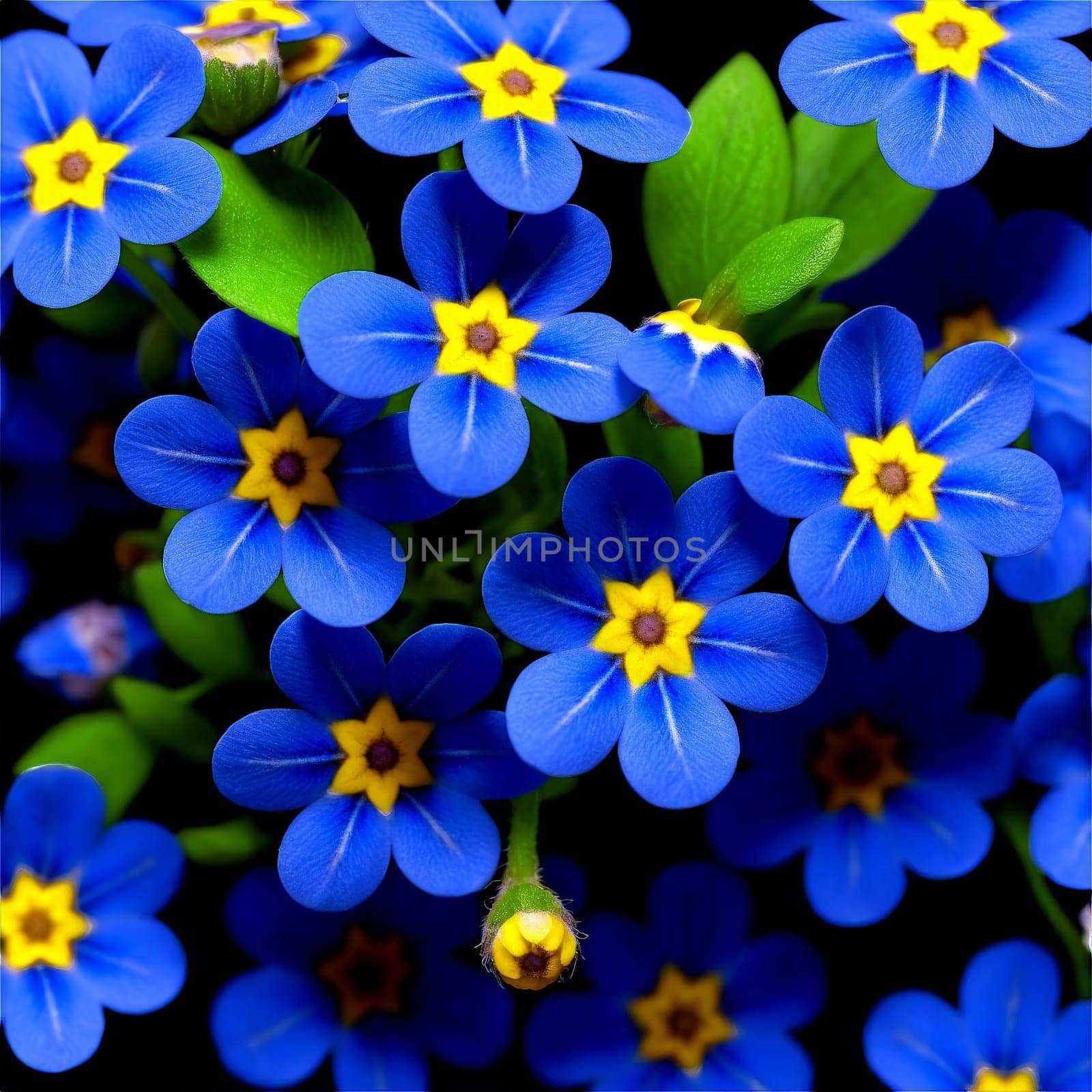 Blue forget me not small five petaled flowers in clusters yellow center Myosotis scorpioides by Matiunina