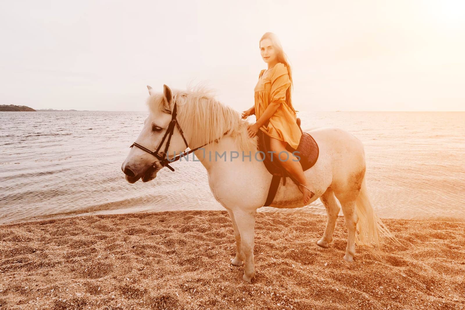 A woman in a dress stands next to a white horse on a beach, with the blue sky and sea in the background