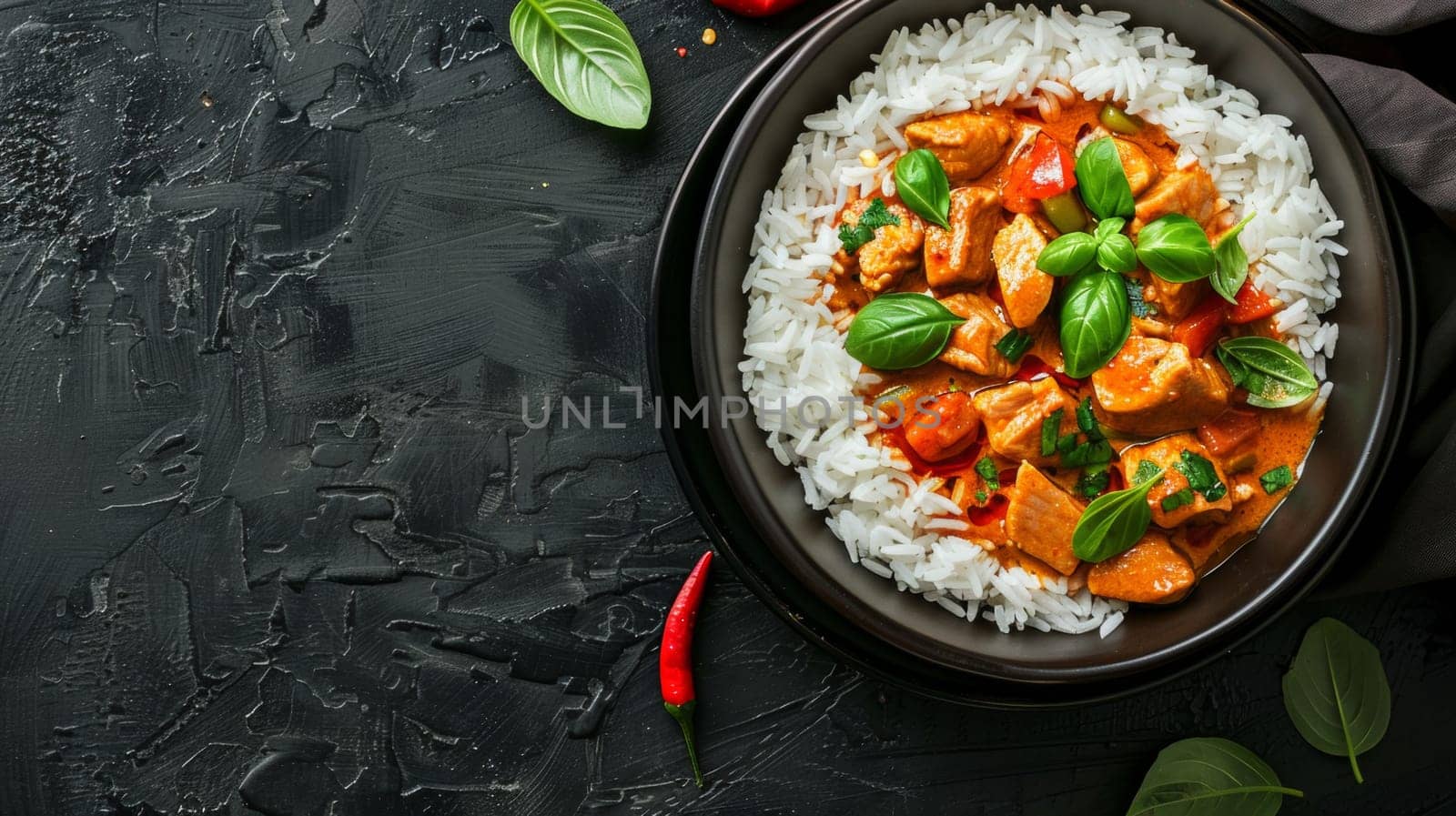 Top view of curry chicken and rice isolated on dark grey background table.
