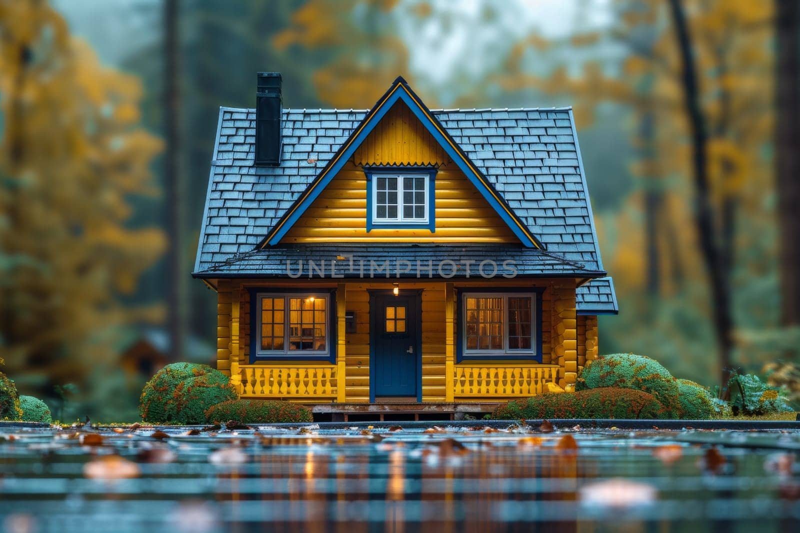 Illustration of beautiful wooden house in the forest as financing Your Property concept in happy nature life .