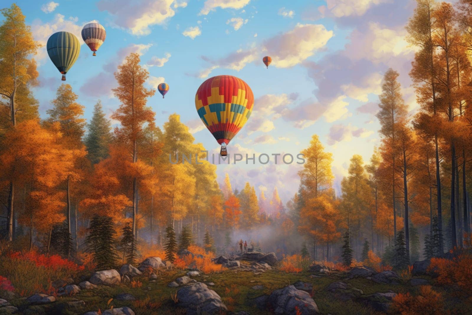 Hot Air Balloons. Autumn Landscape. Generated AI.