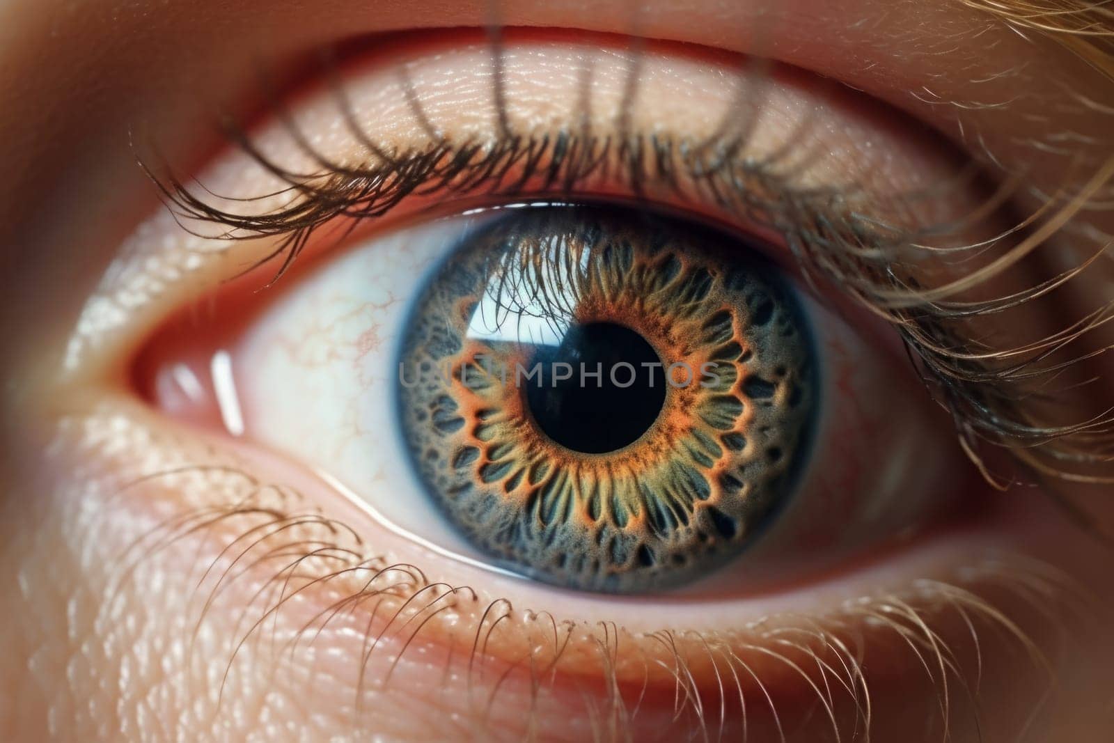 Gray green orange human eye close up background. Amazing and fantastic concept. Generated AI by Oxdesign