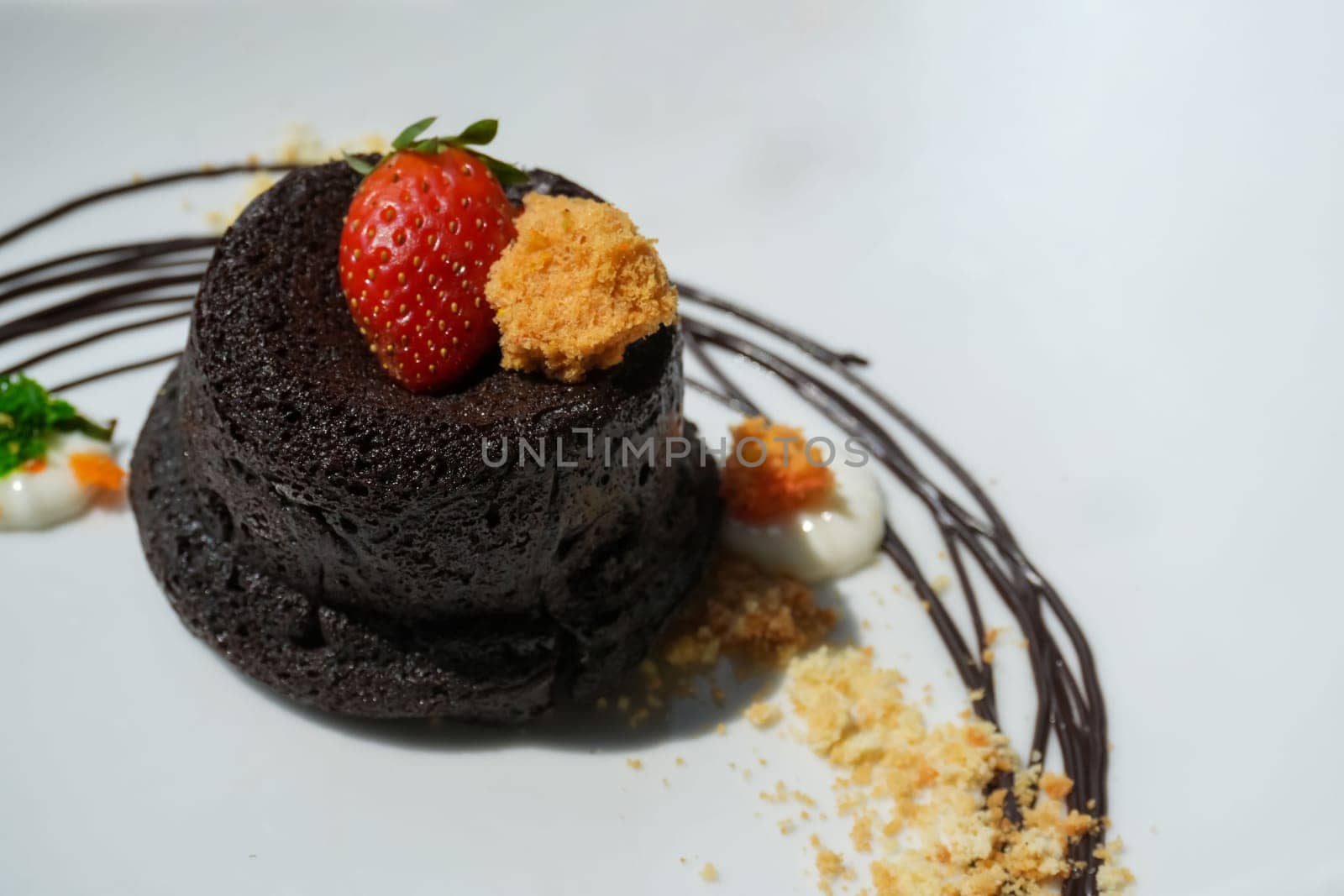 Delicious chocolate fondant or lava cake with cream, strawberry, and cake biscuit crumbles, Hot chocolate dessert pudding with liquid chocolate center, fondant au chocolate for cooking ideas and recipe