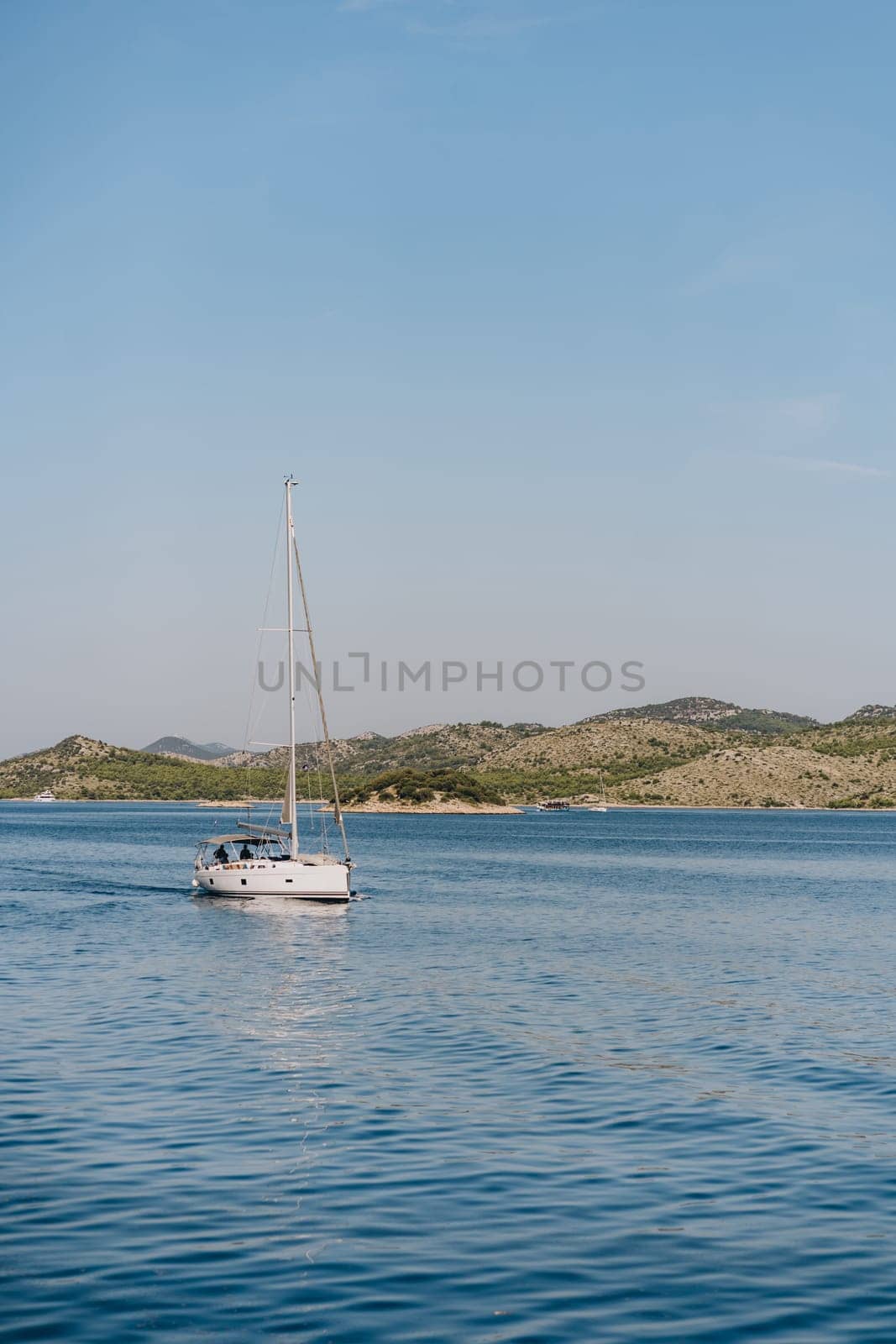 Marine adventure on yacht, modern boat sailing off Dugi Otok island shore in Adriatic Sea, Croatia