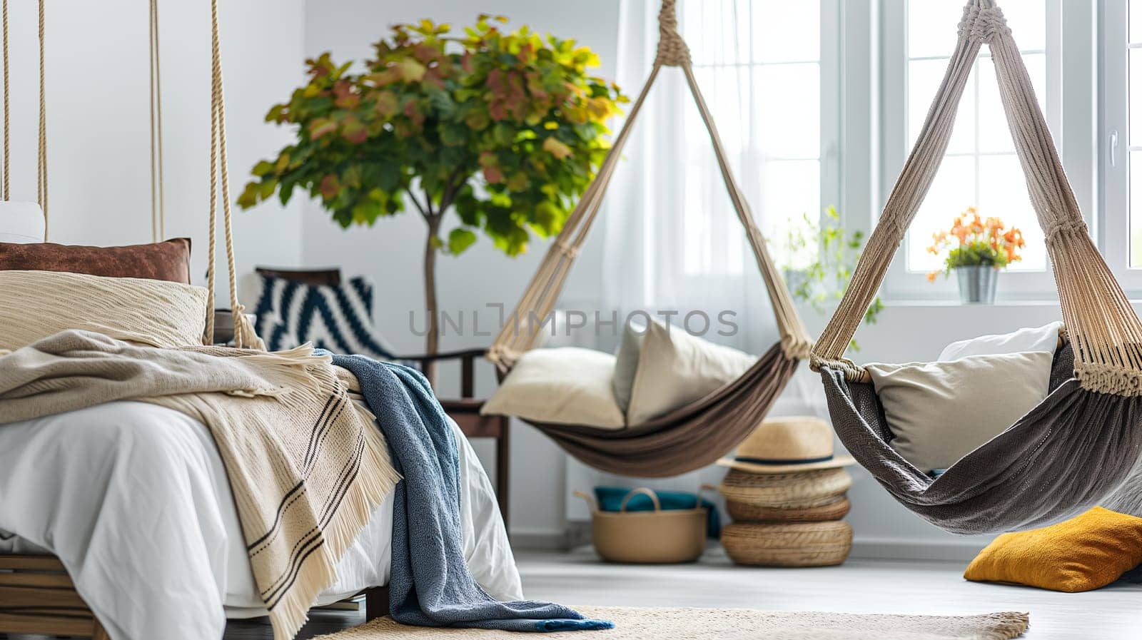 A serene bedroom setting featuring two hanging hammocks, a plush bed adorned with comfortable linens, and vibrant potted plants adding a touch of greenery - Generative AI