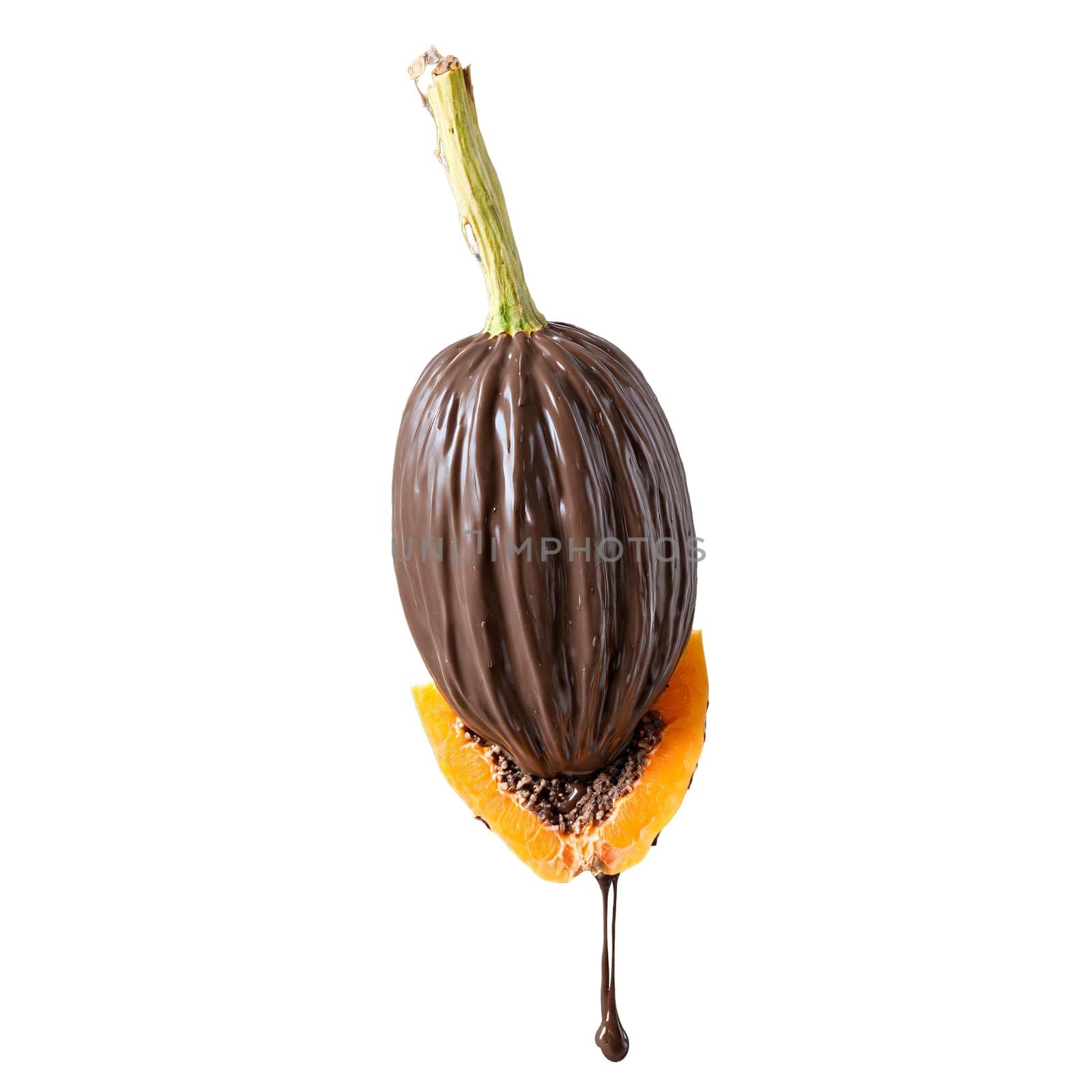 Chocolate covered dried papaya chewy and exotic tumbling and spinning with a burst of vibrant. Food isolated on transparent background.