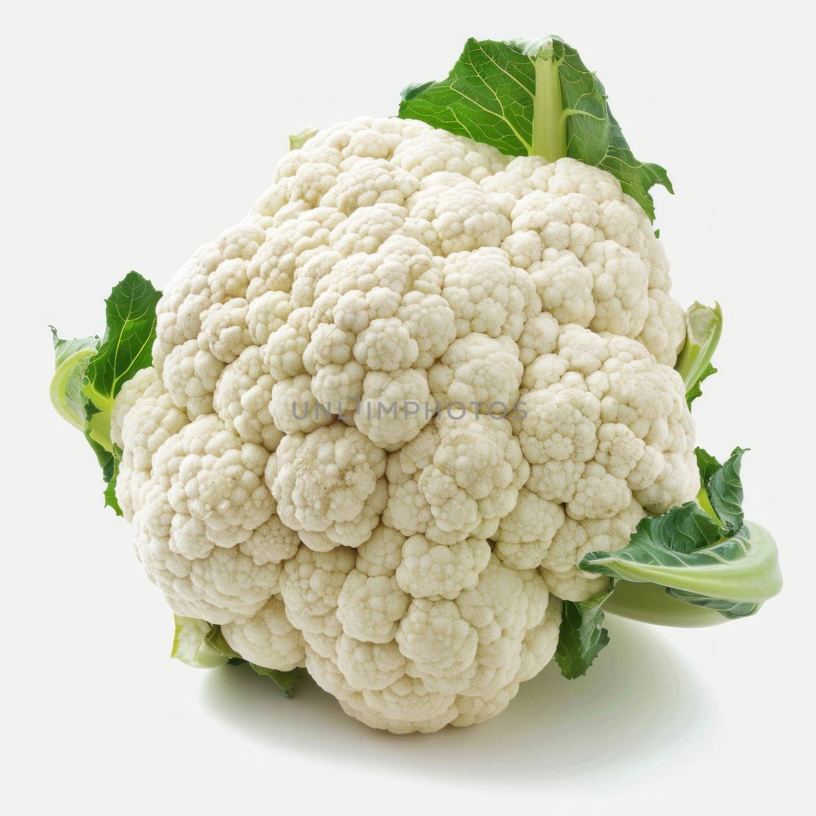 A white cauliflower with green leaves on white background. High quality photo.