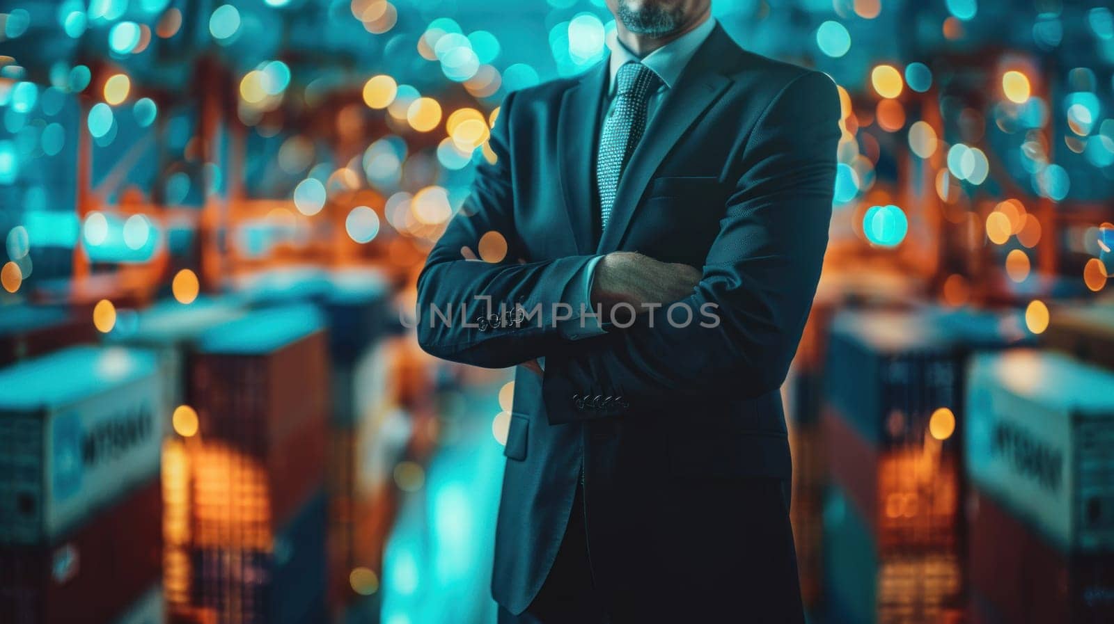 A man in a suit stands in a warehouse with his arms crossed.