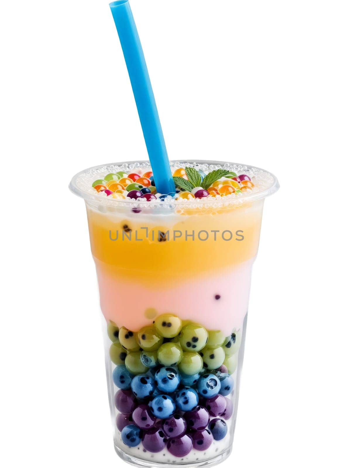 Bubble Tea transparent cup with wide straw showcases the colorful tapioca pearls and variety. Drink isolated on transparent background.