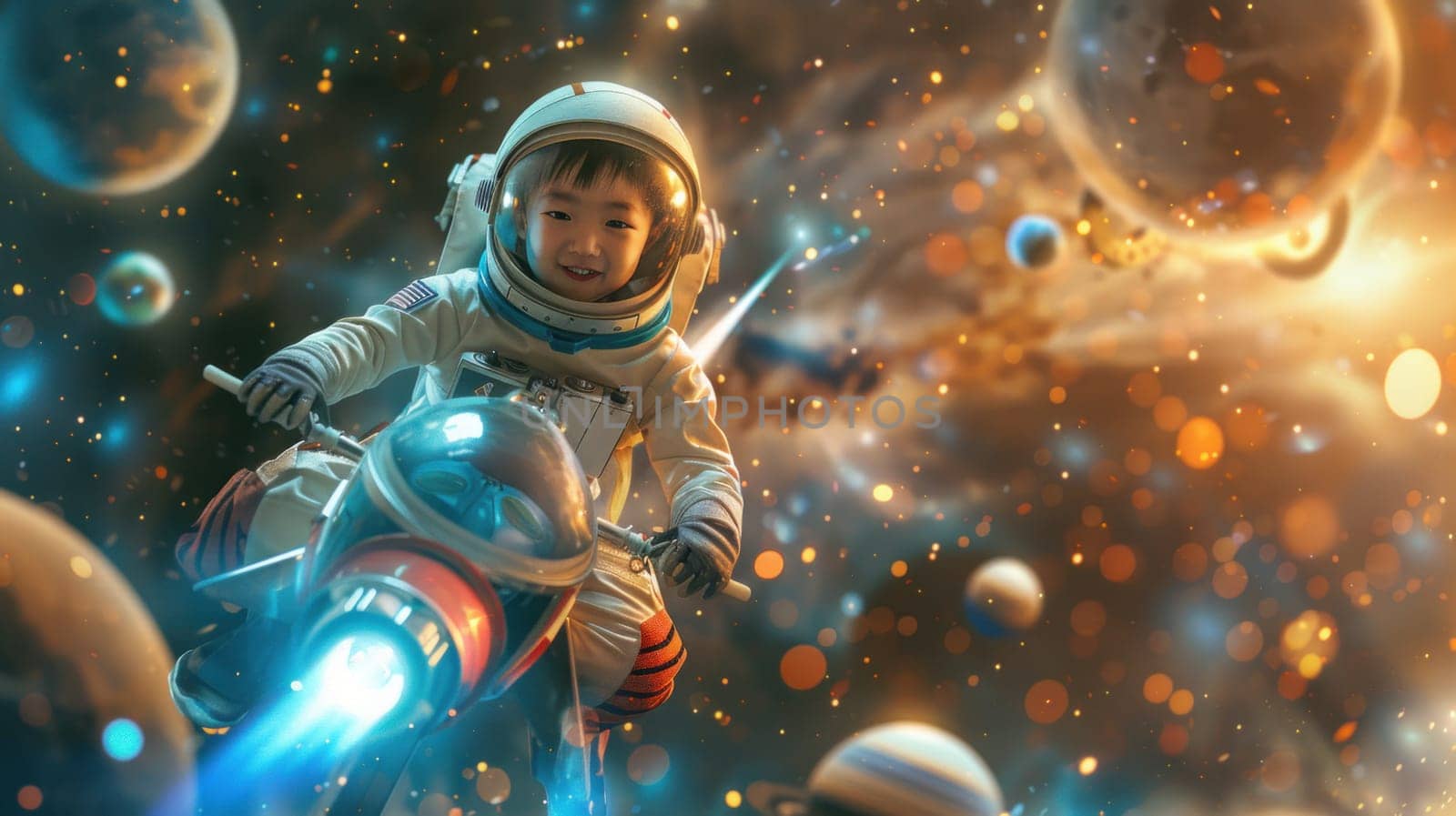 Happy Asian Boy Wearing Spacesuit Riding Fairy Tale Like Toy Rocket with Background of Planets in Universe Starry Sky Concept Imaginative Adventure.