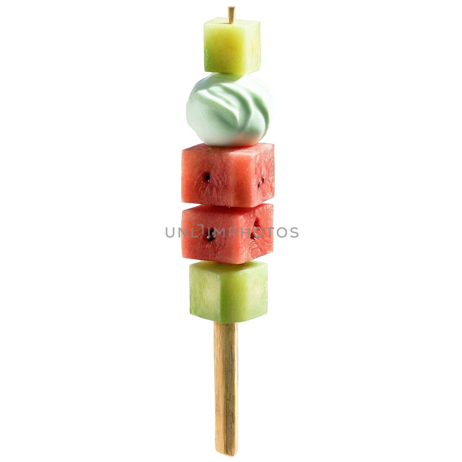 Breakfast fruit kebabs with cubes of watermelon honeydew and cantaloupe threaded onto skewers and served. close-up food, isolated on transparent background