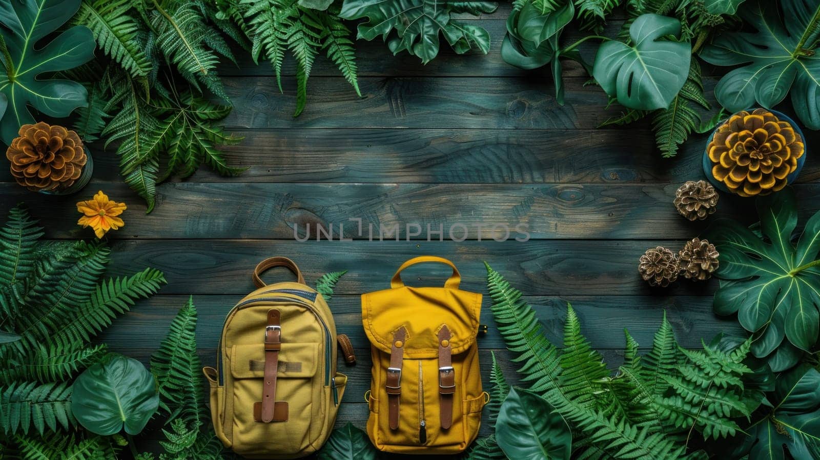 Two backpacks are placed on a wooden surface with green leaves and pine cones surrounding them. The scene gives off a sense of adventure and exploration