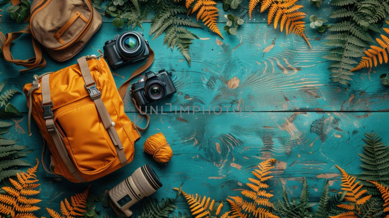 Two backpacks are placed on a wooden surface with green leaves.