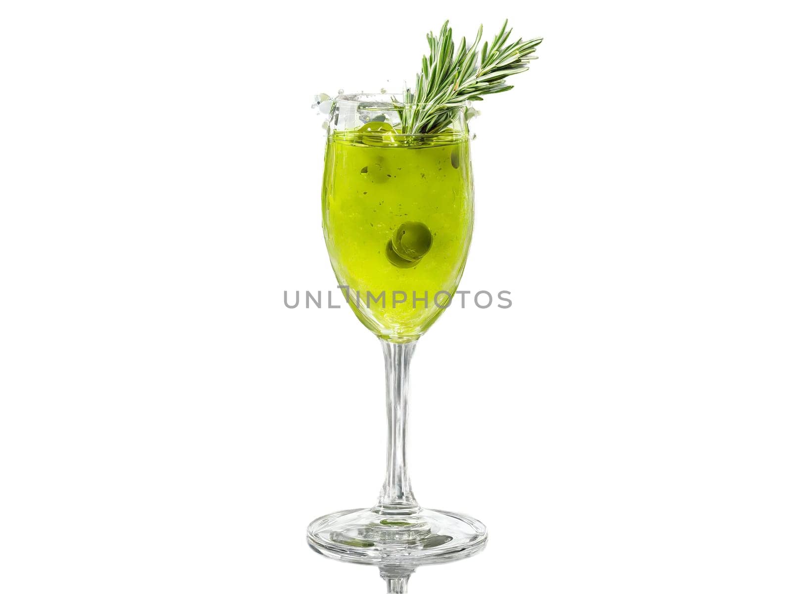 Olive soda in a tulip glass olive pieces and rosemary sprigs vibrant green splash in. Drink isolated on transparent background.