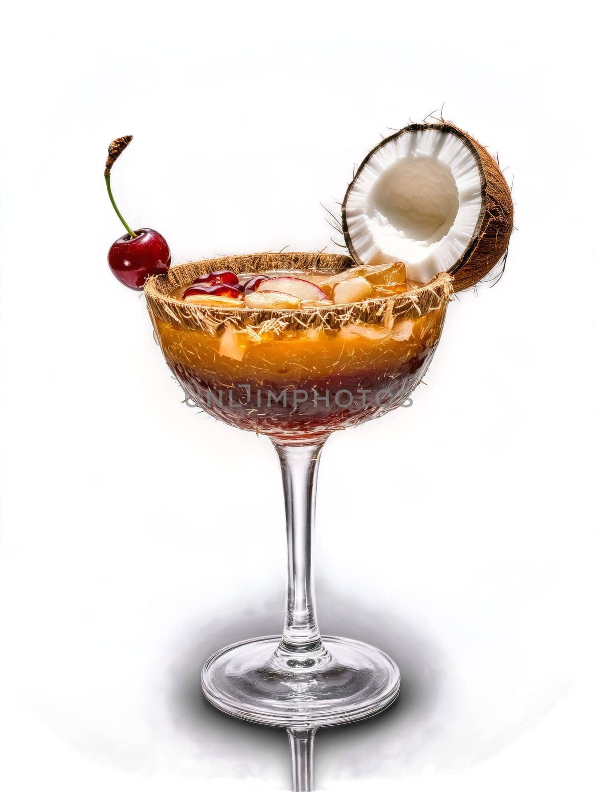 Venezuelan Cocada with slice of coconut and cherry in cocktail glass. Drink isolated on transparent background.