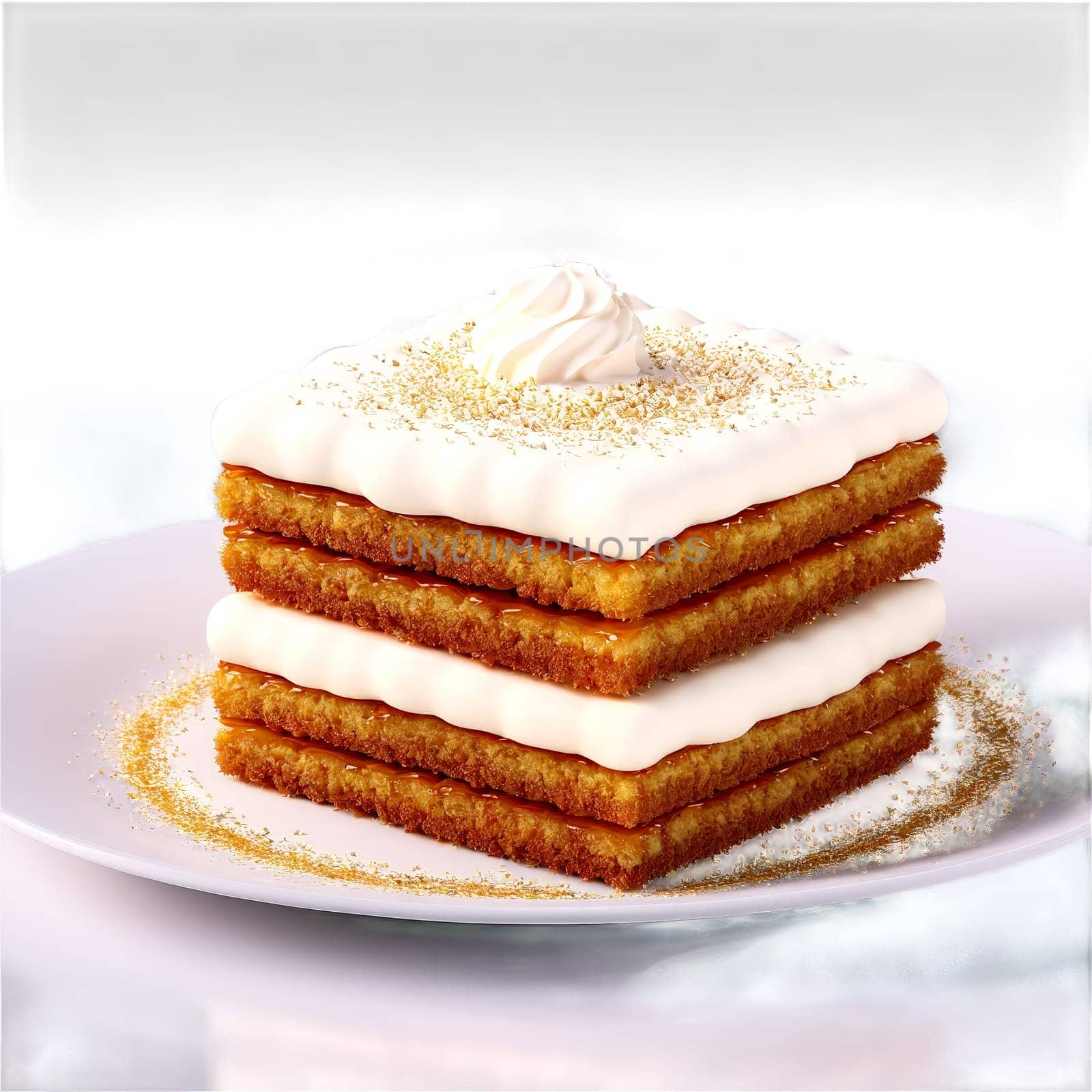 Medovik stacked honey cake layers sour cream frosting oozing Food and Culinary concept. Food isolated on transparent background.