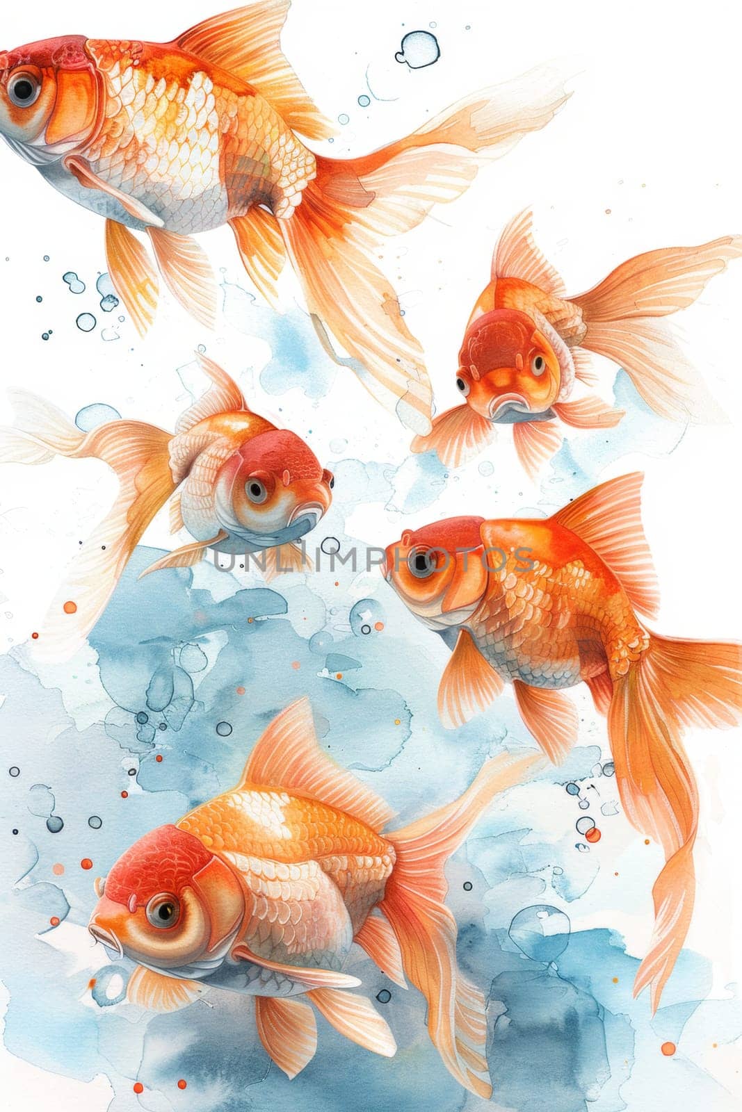 watercolor painting of goldfishes swimming in water.