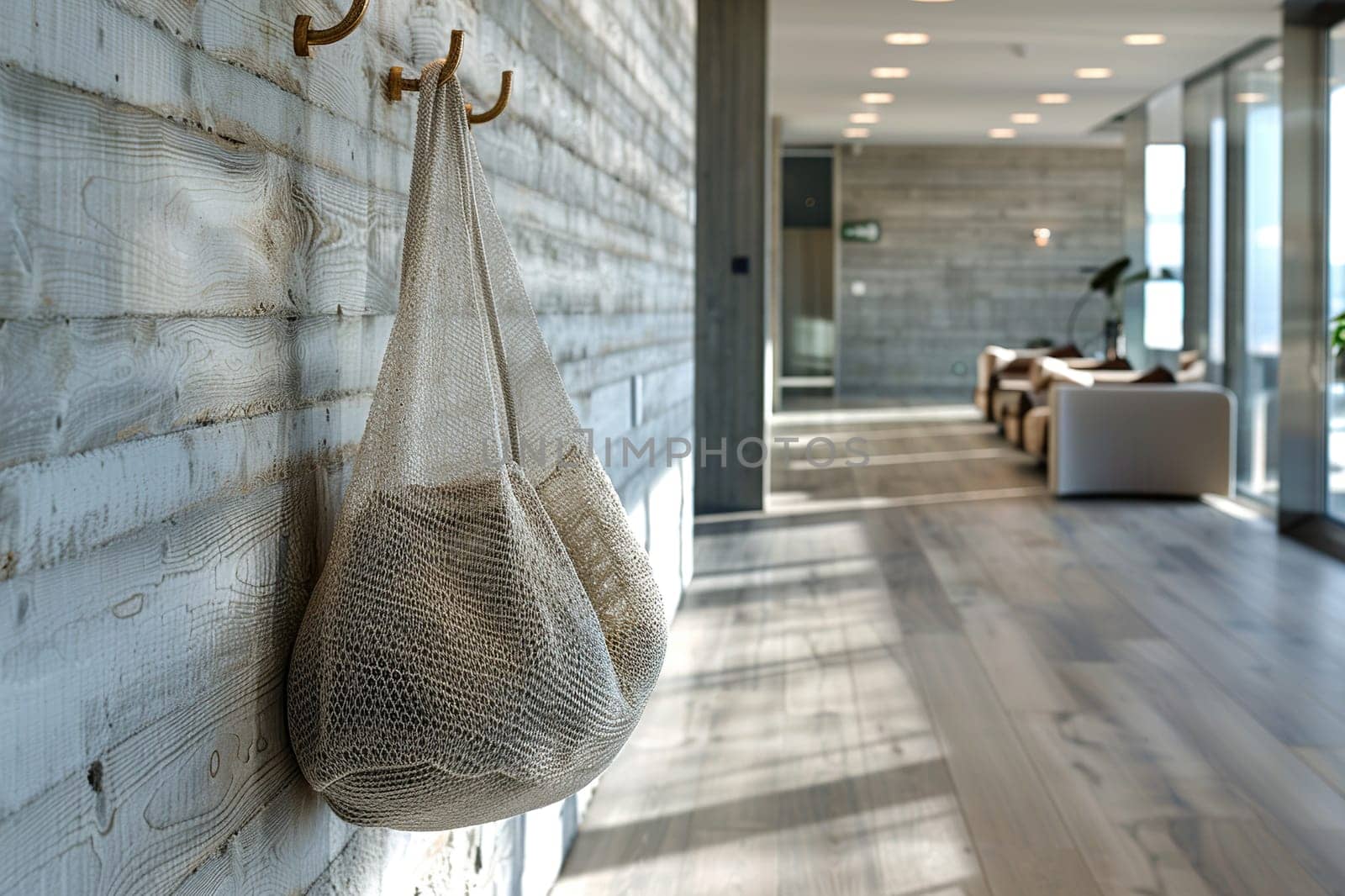 A mesh string bag hanging on a hook on a white wood wall in a modern room . Authenticity of a modern interior.
