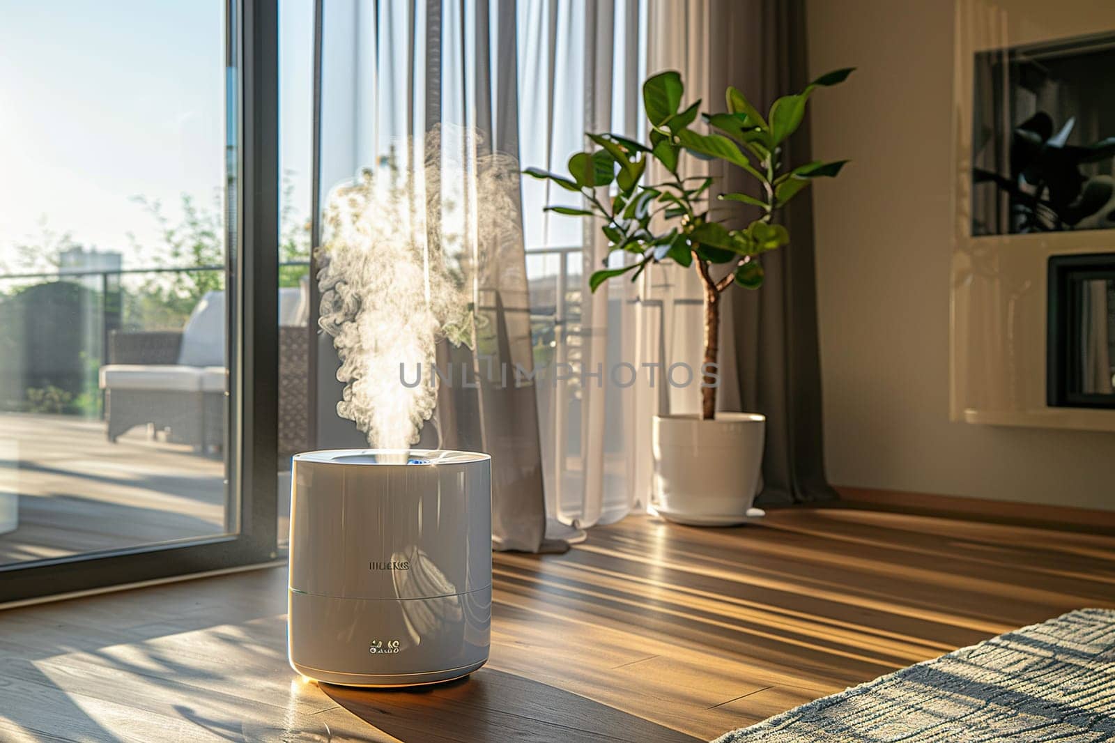 The humidifier works in the room in front of the window with a flower.