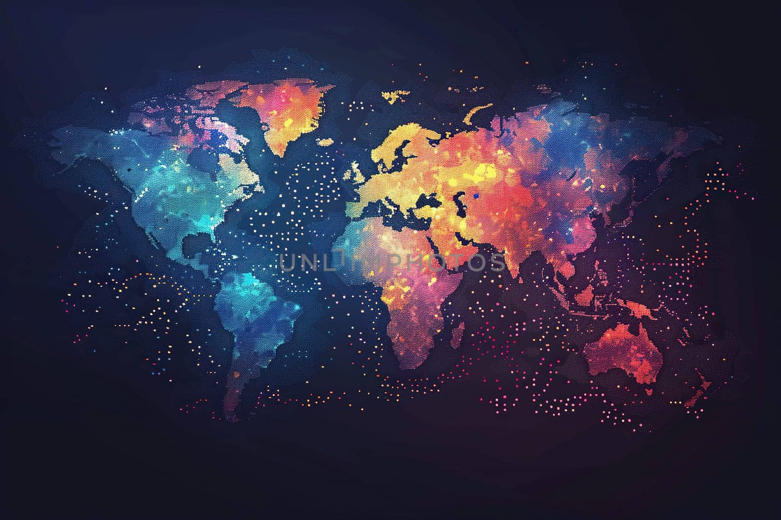 Pixel world map in bright colors on a dark blue background.