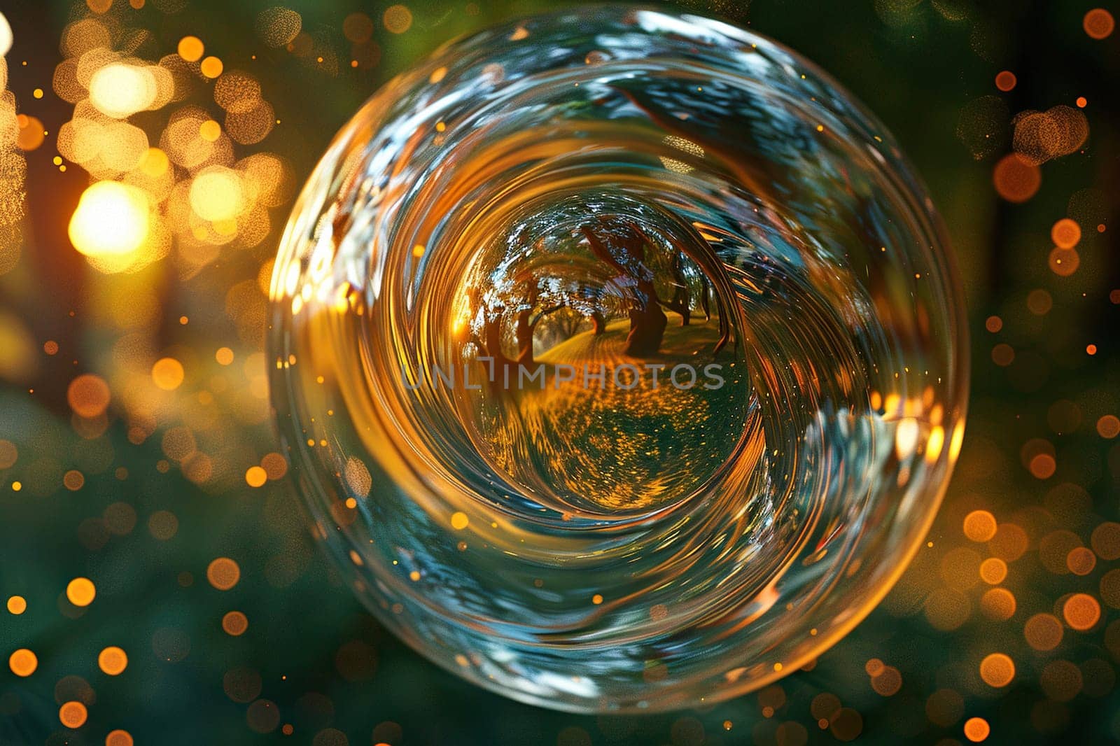 Transparent glass sphere with nature reflection against golden bokeh background. Environment concept.