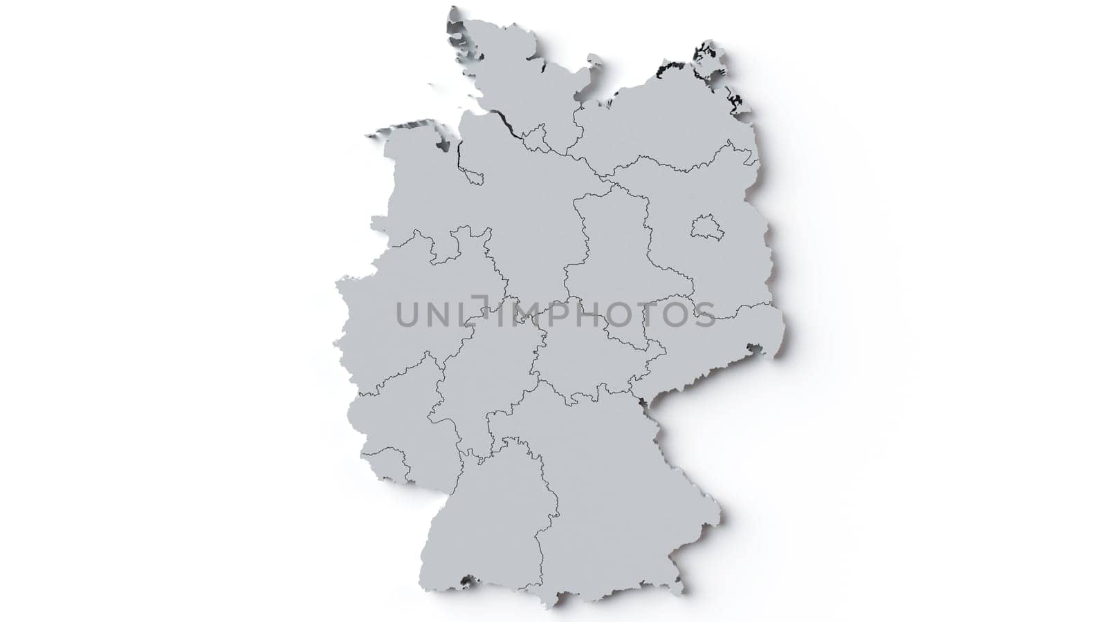 A 3D rendering of a map of Germany showing the outlines of its federal states. The map is depicted in a minimalist style.