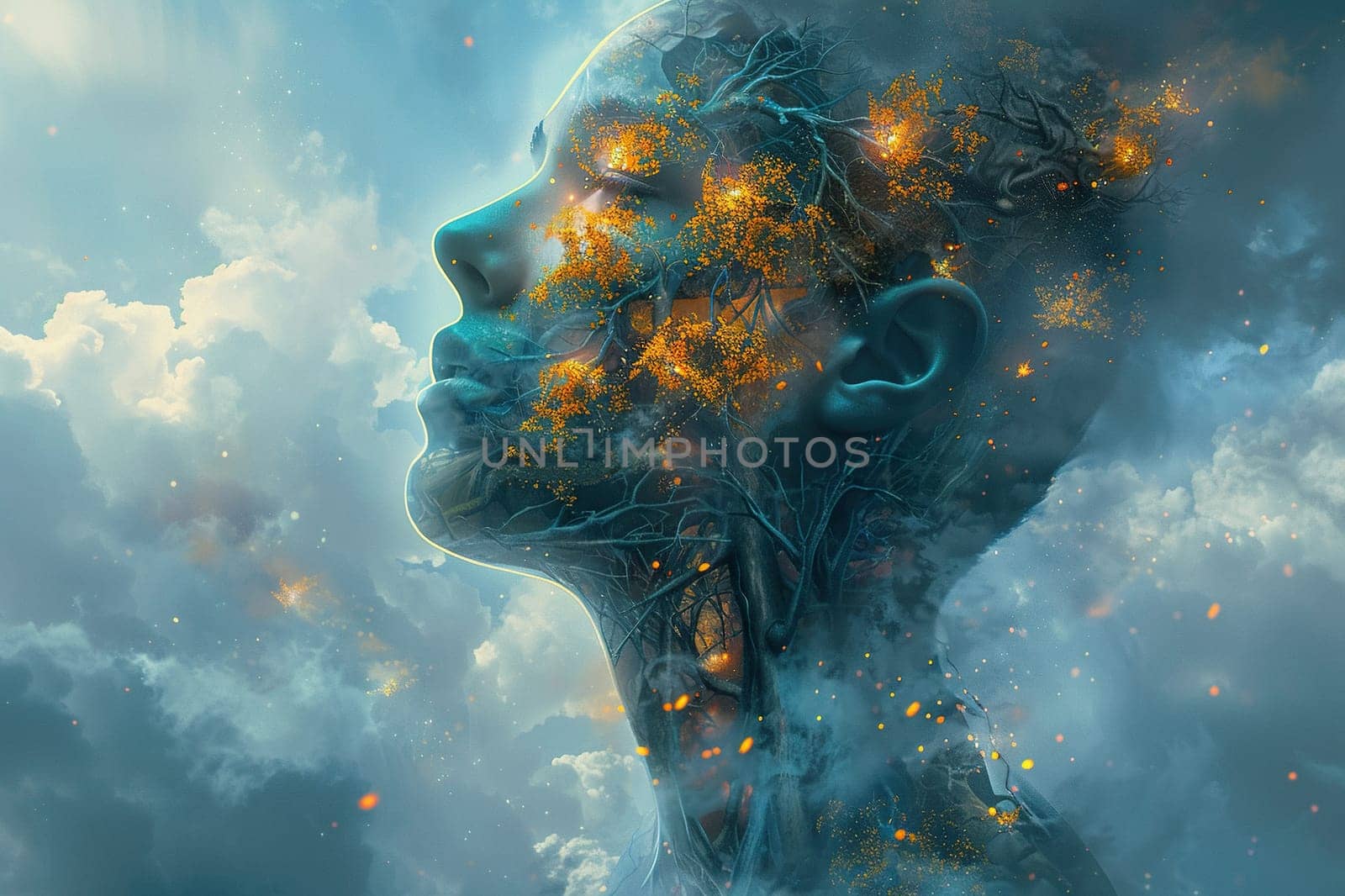 Abstract image of a woman's face in fire and smoke against the sky. The concept of preserving the environment and a clean planet.