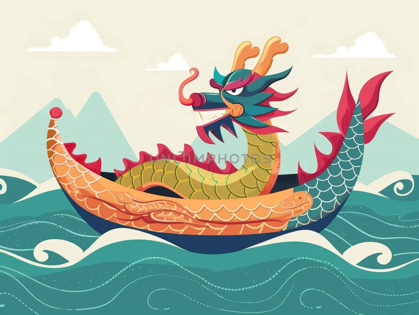 A vibrant, stylized illustration of a colorful dragon boat sailing on the sea against a beautiful sunset. Asian festival.