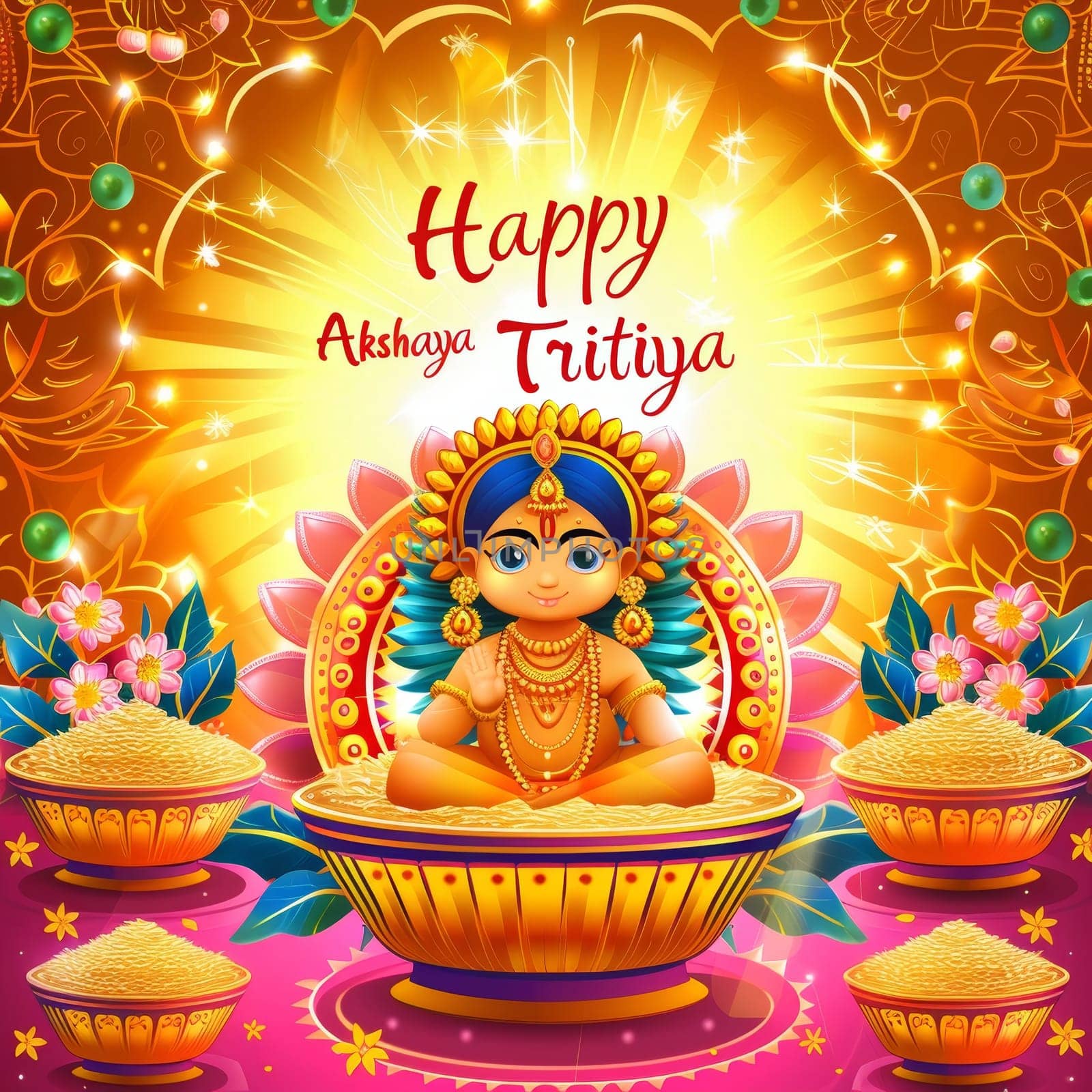 A cheerful and festive illustration for Akshaya Tritiya, showcasing a child deity surrounded by golden grains and lotus flowers, signifying prosperity